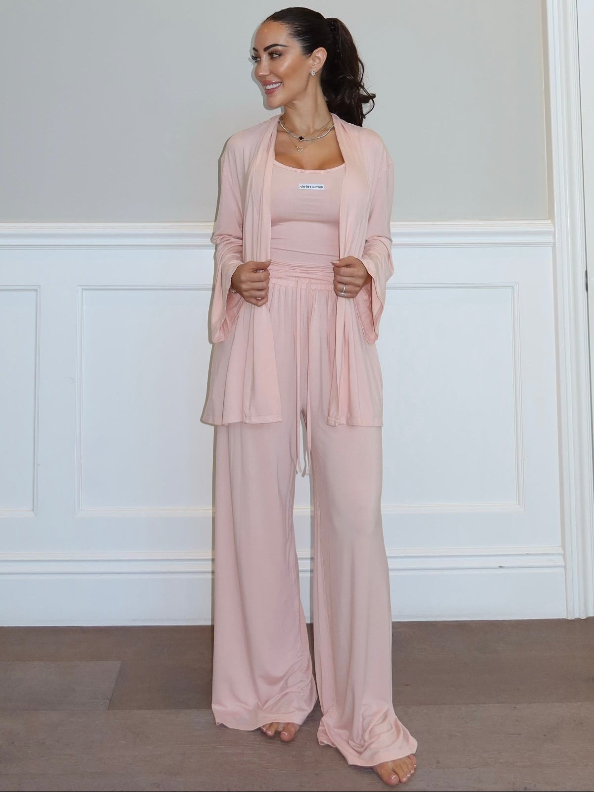 Luxury lounge pyjama set in light pink designed for comfort and style day to night