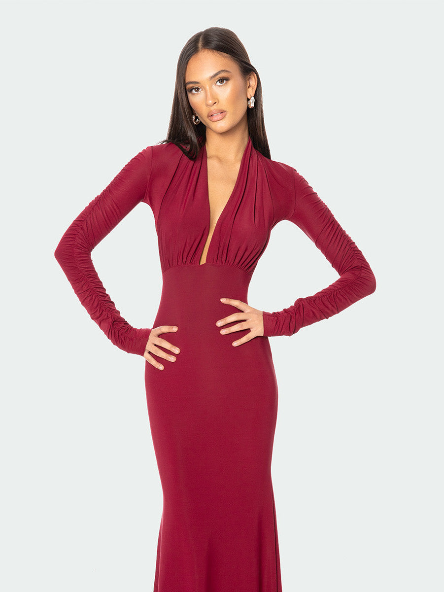 Burgundy cropped bolero with ruched sleeves styled day to night