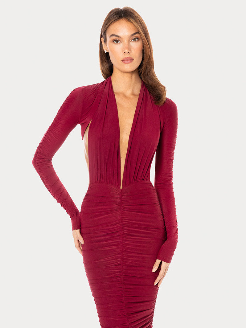 Burgundy ruched maxi dress with smooth stretch fabric and sculpted waist