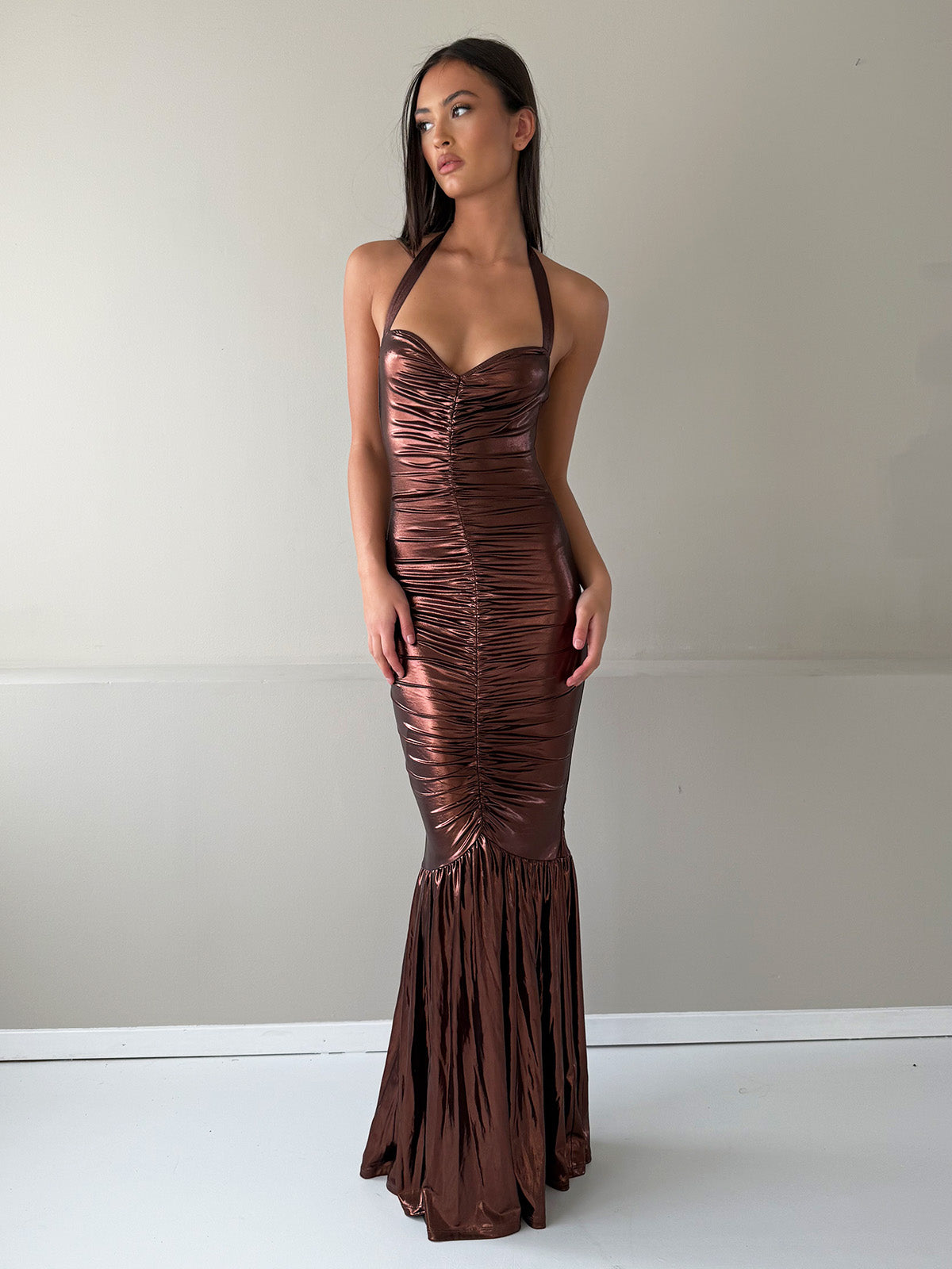Bronze gala maxi dress with ruched body and sweetheart-inspired neckline