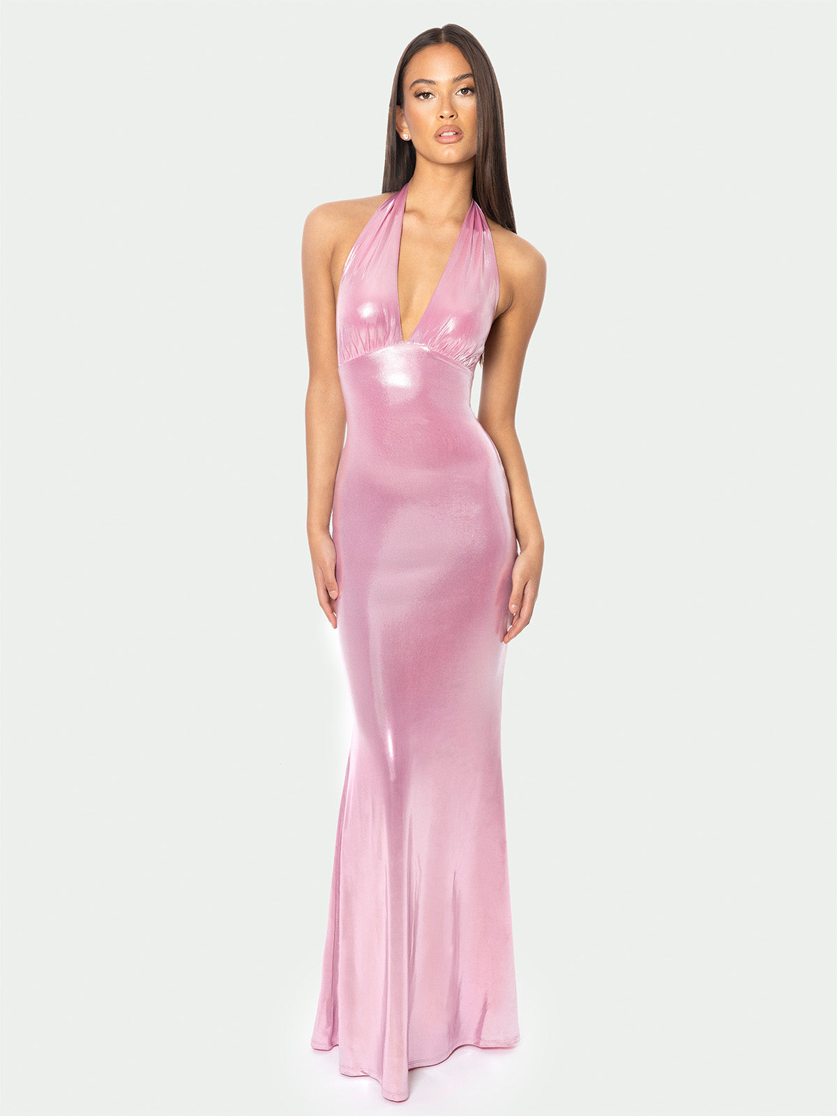 Pink celebration maxi dress with glossy fabric and feminine shape