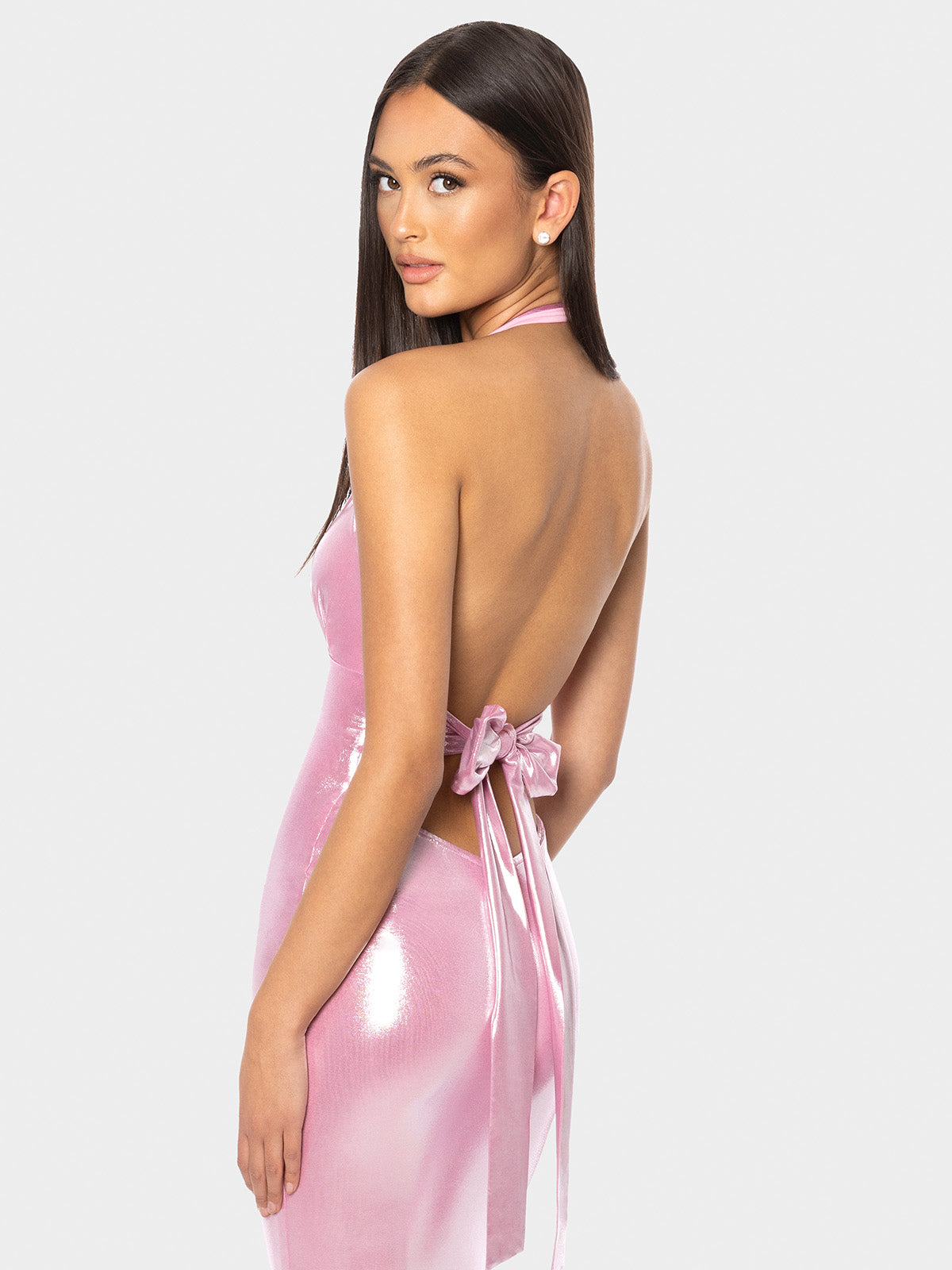 Pink halter maxi dress with smooth back and elongated silhouette