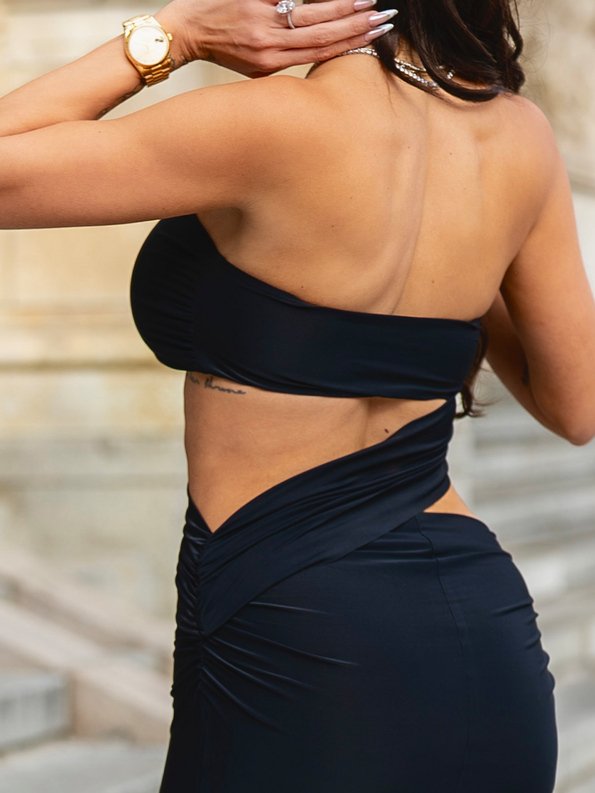 Black bandeau maxi dress with cut-out detail and body-hugging fit