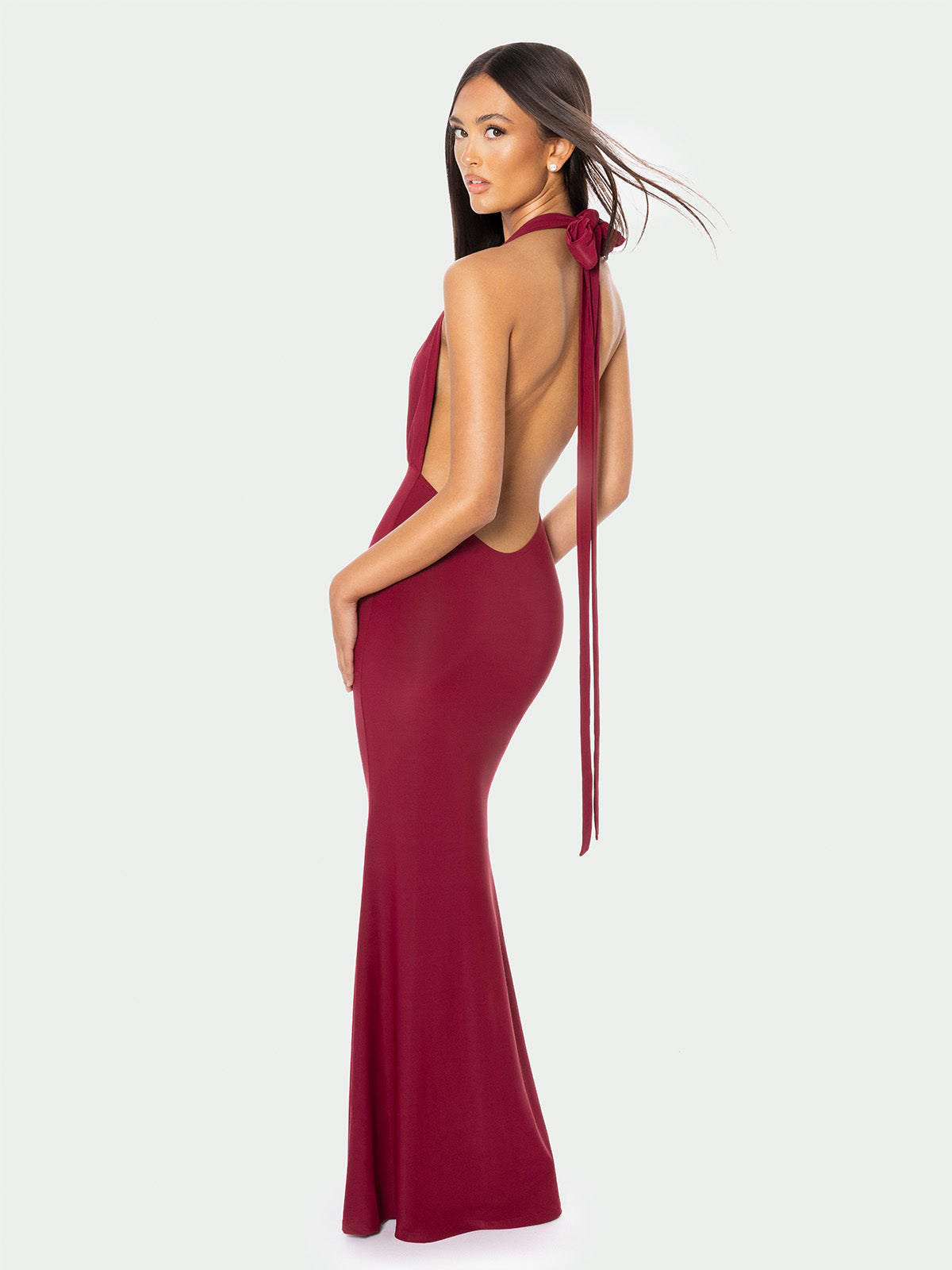 Burgundy maxi dress with open back and long halter ties