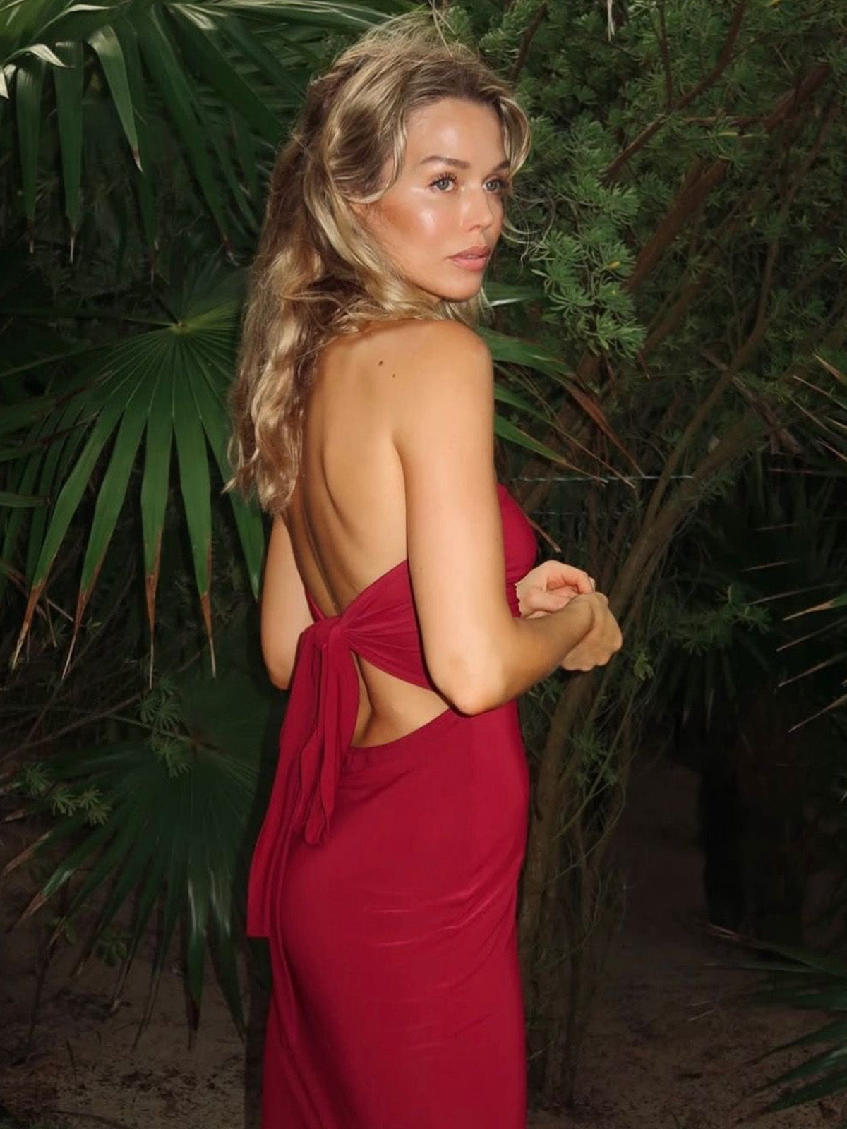 Burgundy off-shoulder maxi dress with open back and tied straps