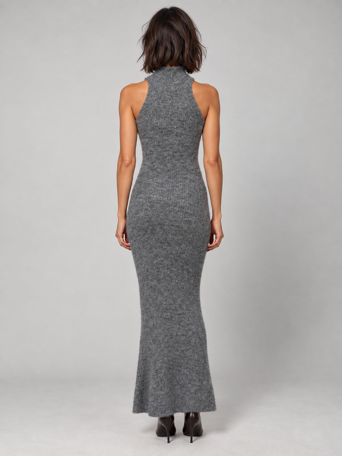 Belle dark grey knit maxi dress, back view