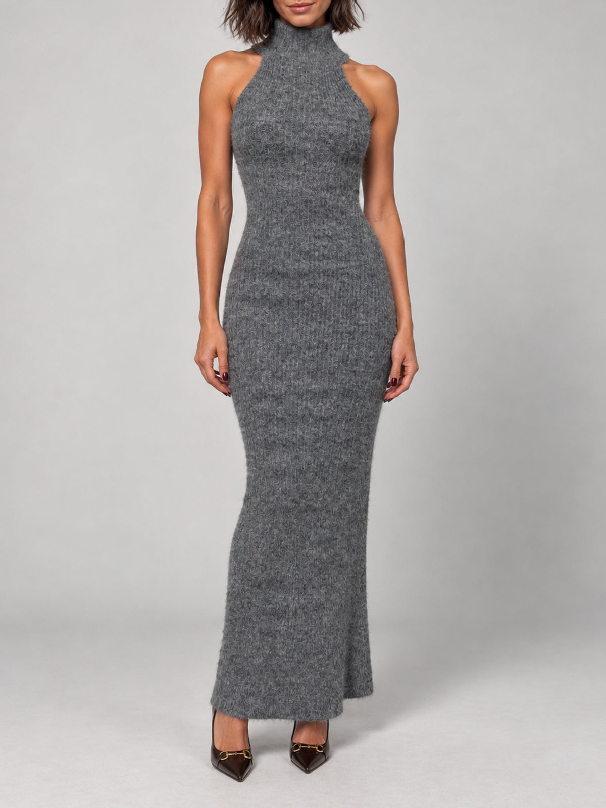 Belle dark grey knit maxi dress, front view