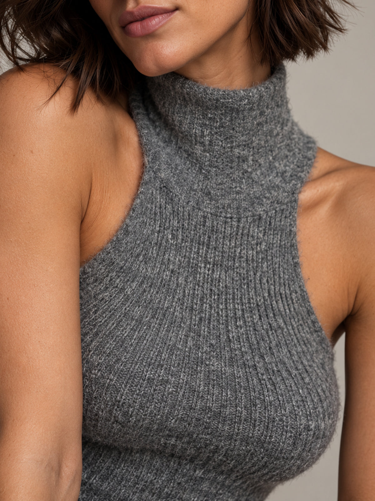 Belle dark grey knit dress, high neckline and fabric detail