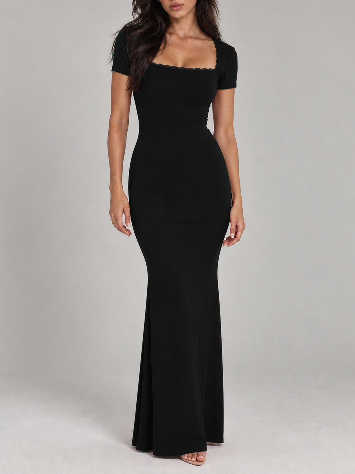 BREE black maxi dress, faceless front view with fitted short sleeves and a square lace-trimmed neckline.