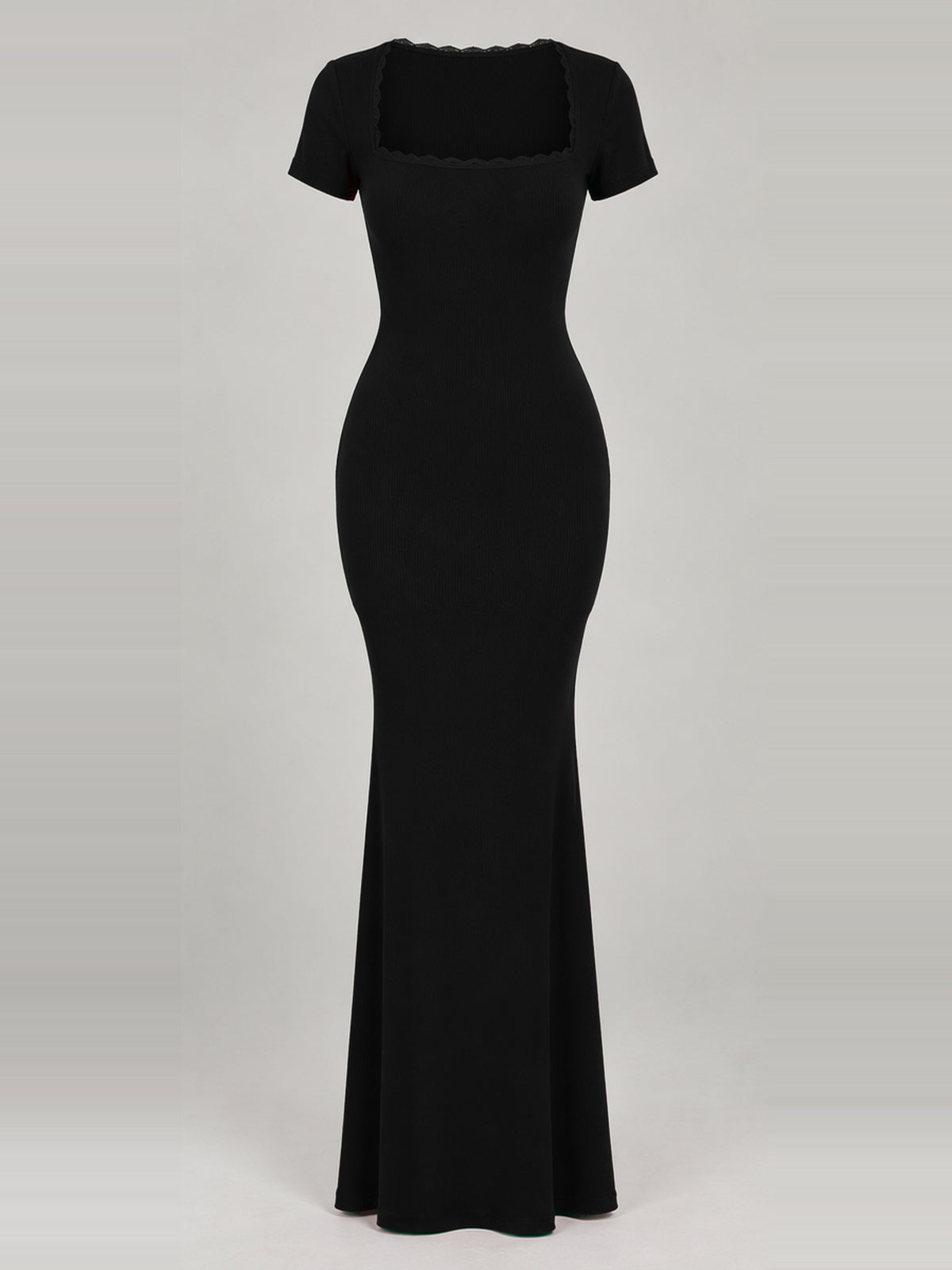 BREE black maxi dress, front ghost mannequin showing the square lace-trimmed neckline, short sleeves and softly flared hem.