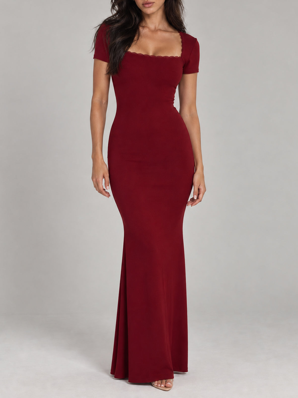 BREE burgundy maxi dress, faceless front view with a square lace-trimmed neckline and fitted short sleeves.