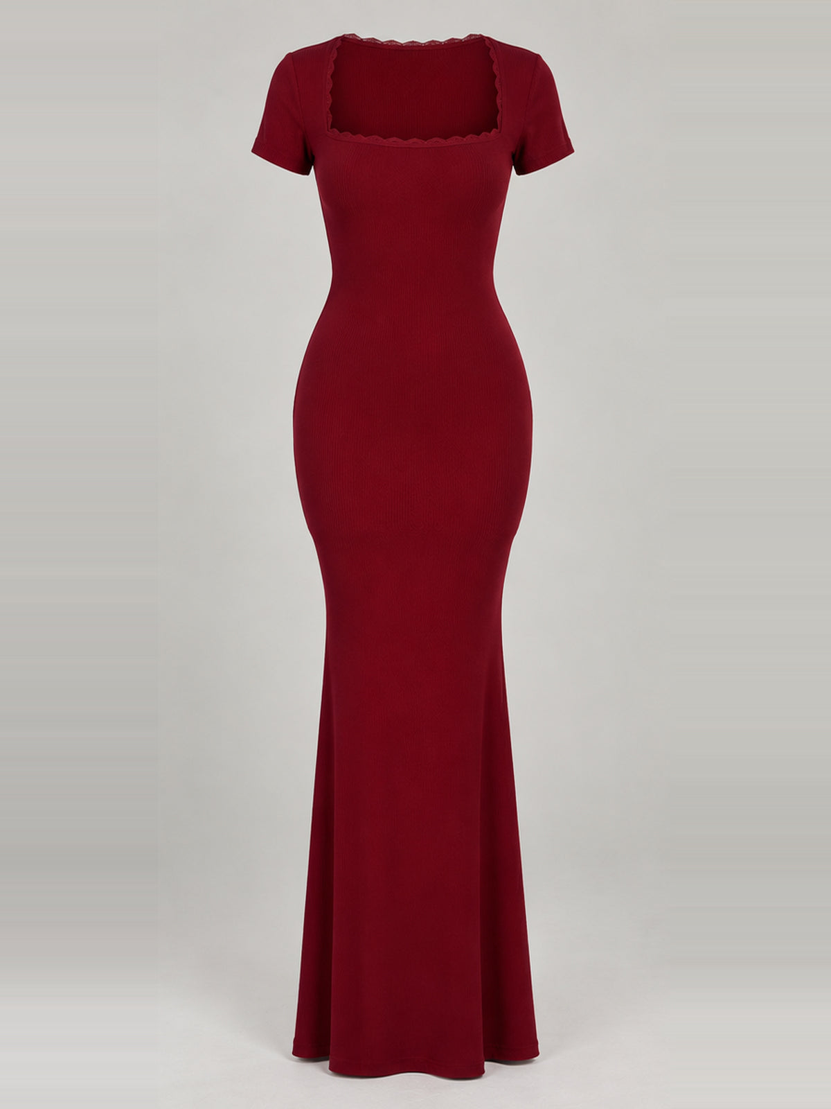 BREE burgundy maxi dress, front ghost mannequin showing the square lace-trimmed neckline, short sleeves and gently flared hem.