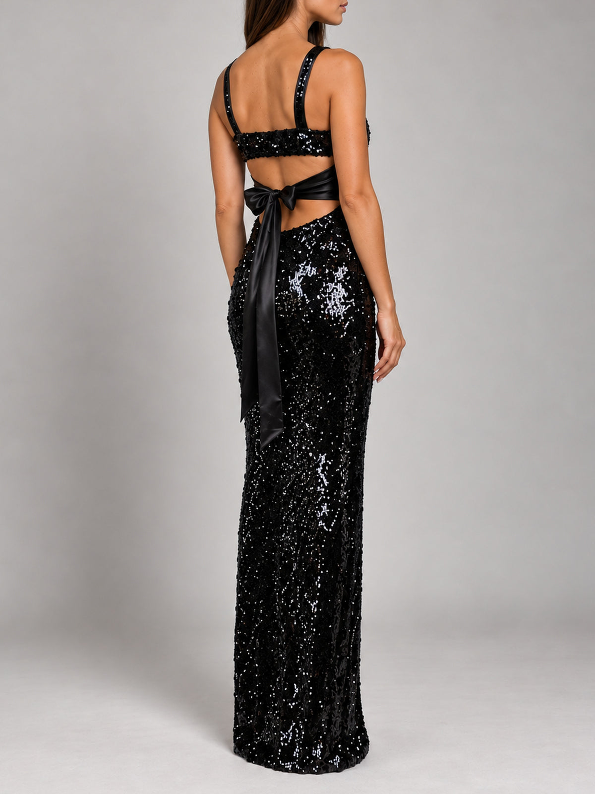 Cara Sequin black sequin maxi dress, right rear view