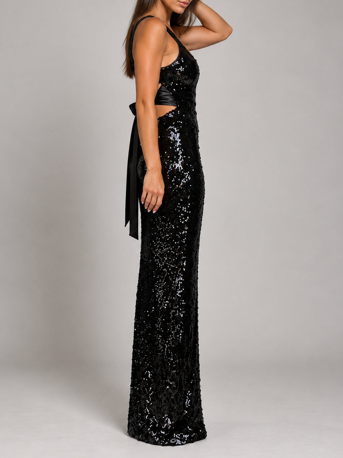 Cara Sequin black sequin maxi dress, side view