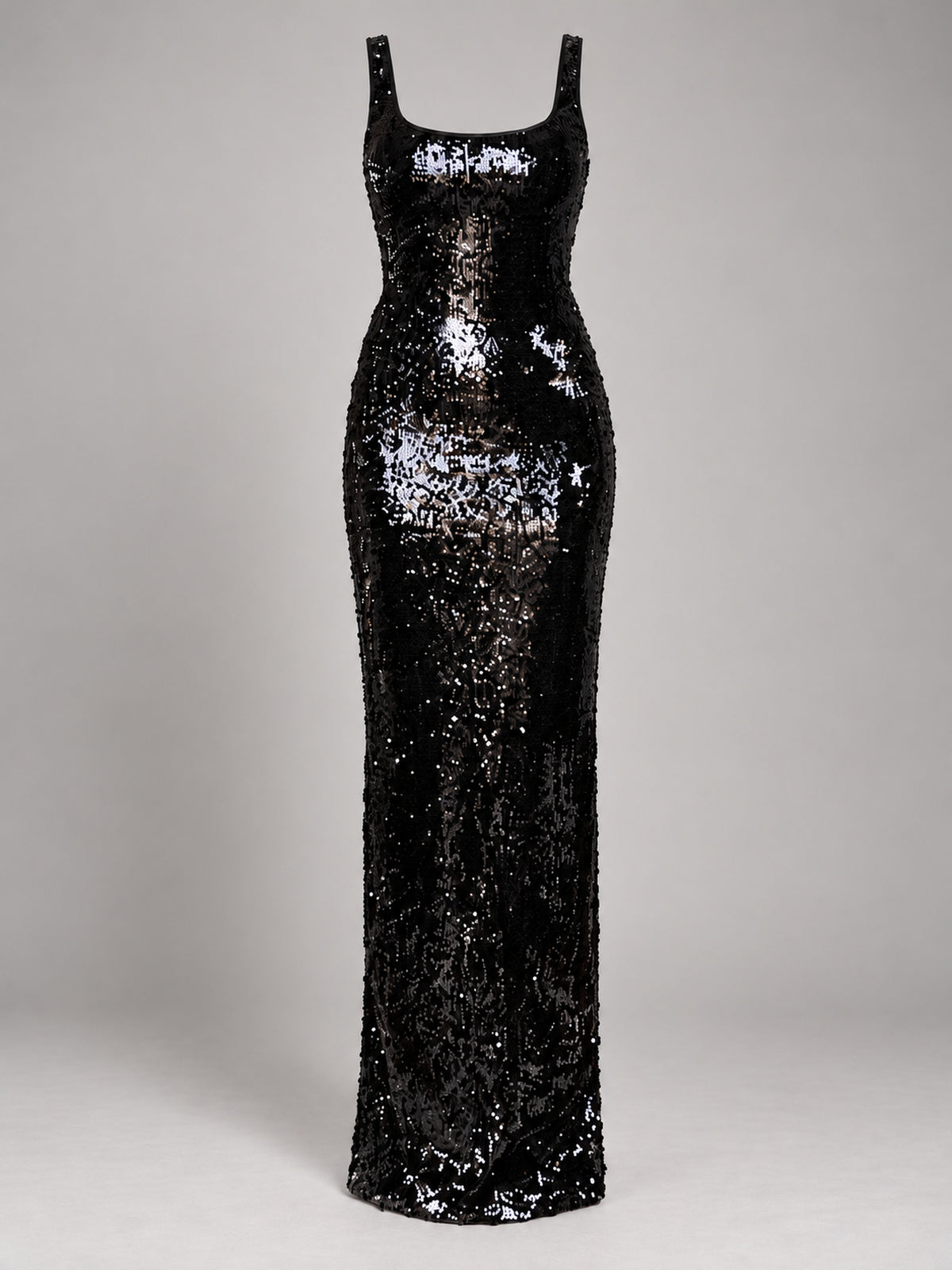 Cara Sequin black sequin maxi dress, front ghost mannequin view