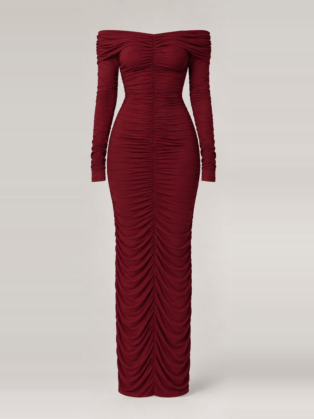 CHRISTA burgundy off-shoulder ruched maxi dress, ghost mannequin front view.