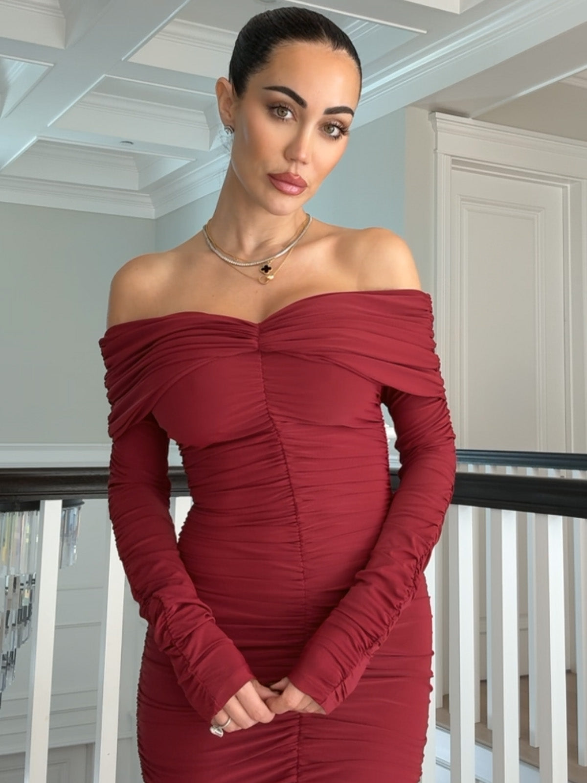 Christa off-shoulder maxi dress shown in burgundy colorway