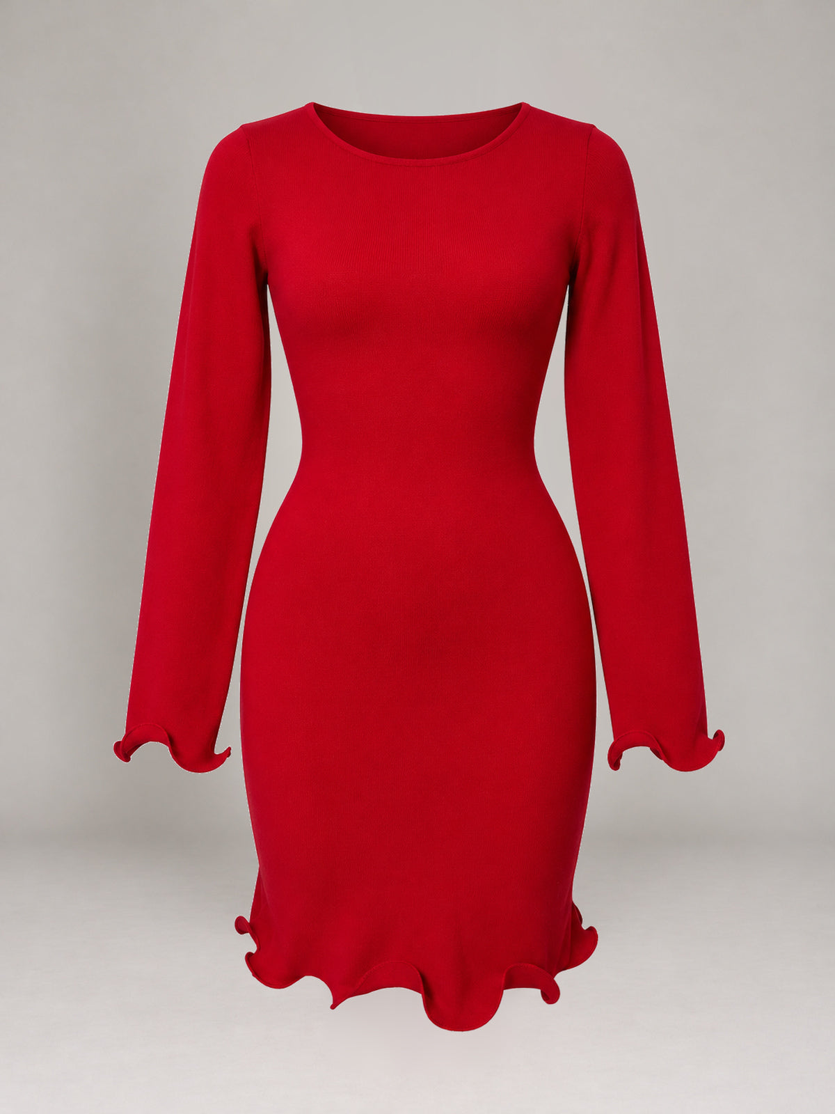 CLAUDIA red long-sleeve dress with sculptural ruffled hem and cuffs, ghost mannequin front view.