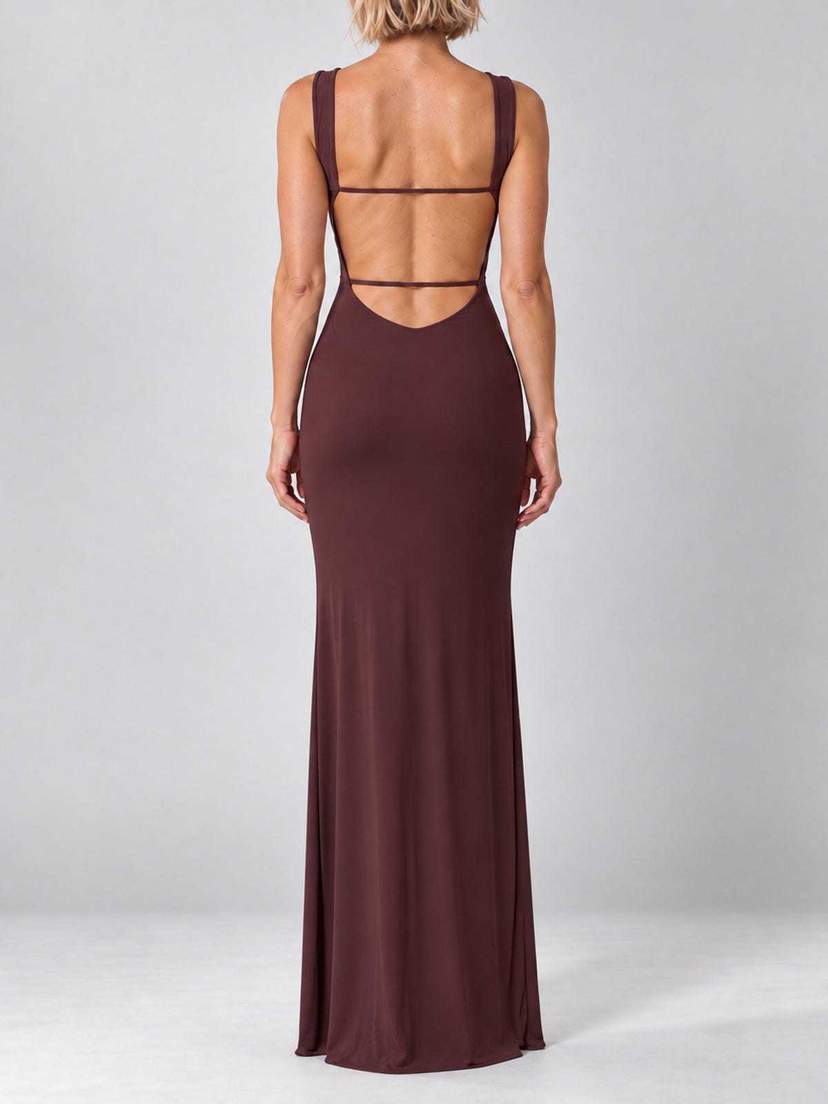 CLOÉ brown maxi dress, open back with two slim horizontal straps