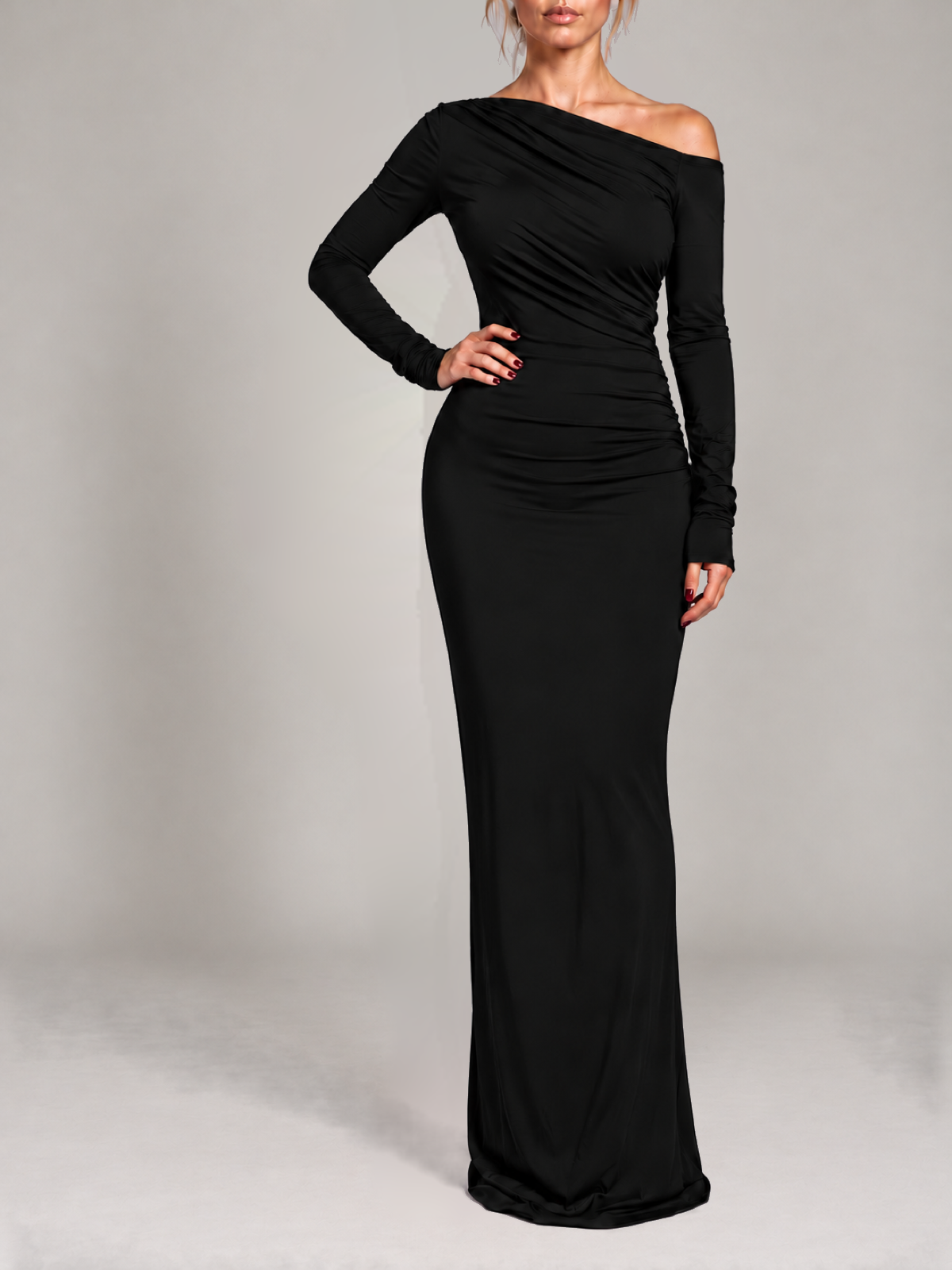 FAYE black draped maxi dress, front view with hand at waist