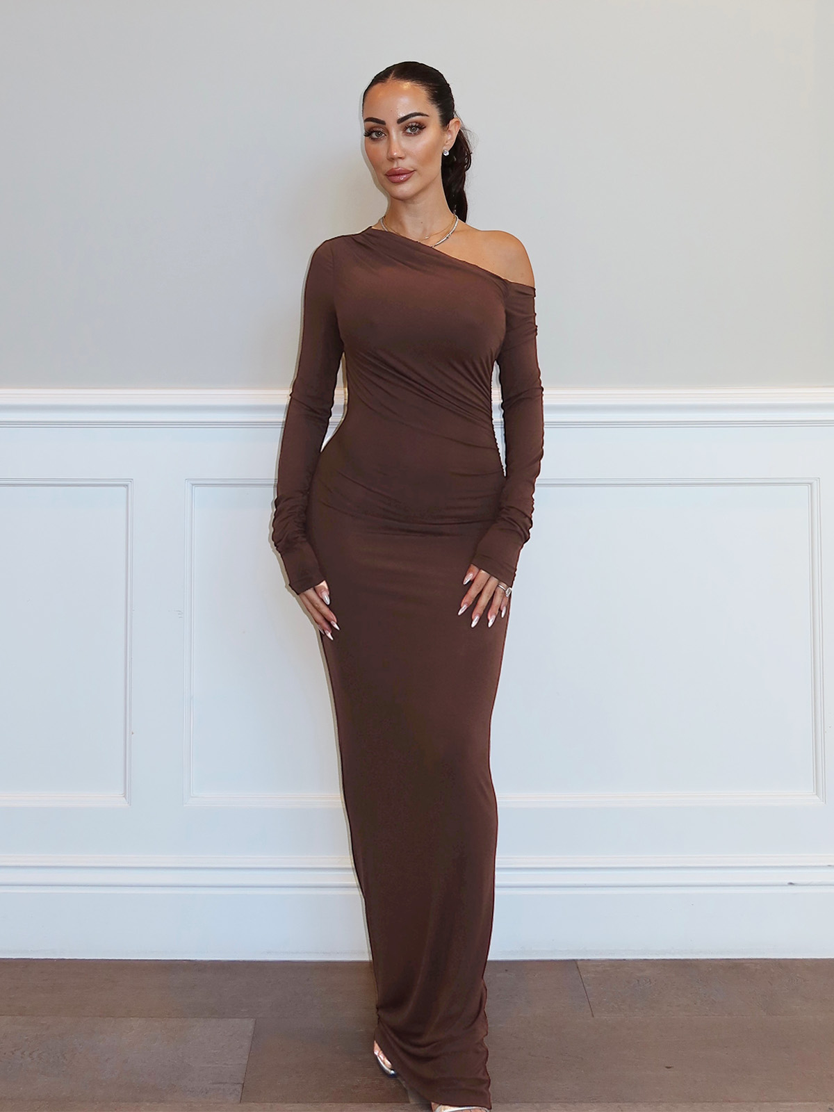 Cacao brown one shoulder maxi dress with ruched bodycon fit front view