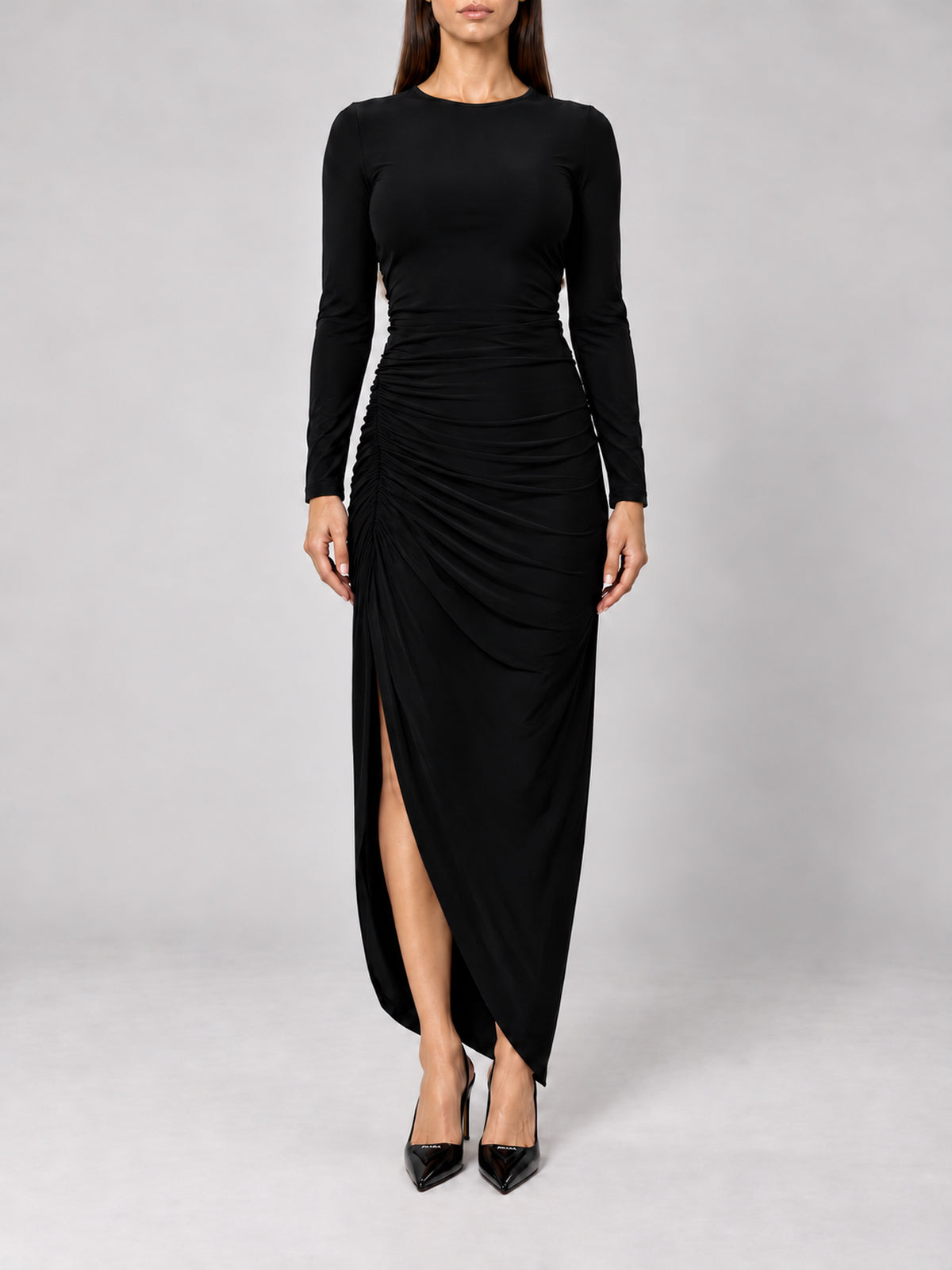 JAS black dress without cuffs, front view with closed slit