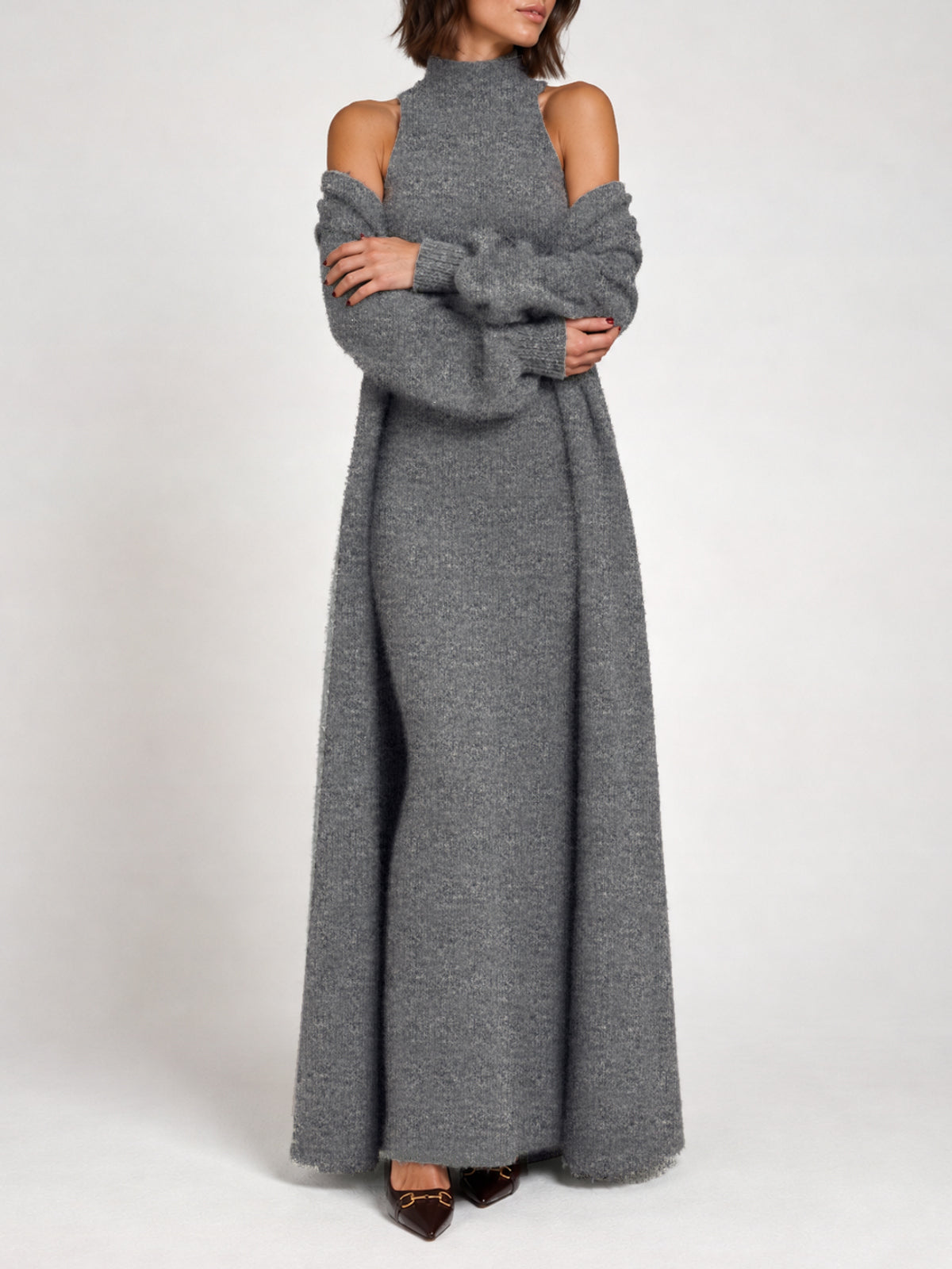 Kate dark grey knit cardigan styled with the Belle dress, crossed-arm view