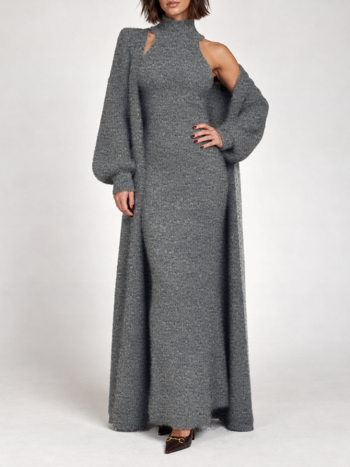 Kate dark grey knit cardigan styled with Belle, hand-on-waist view with defined shoulder