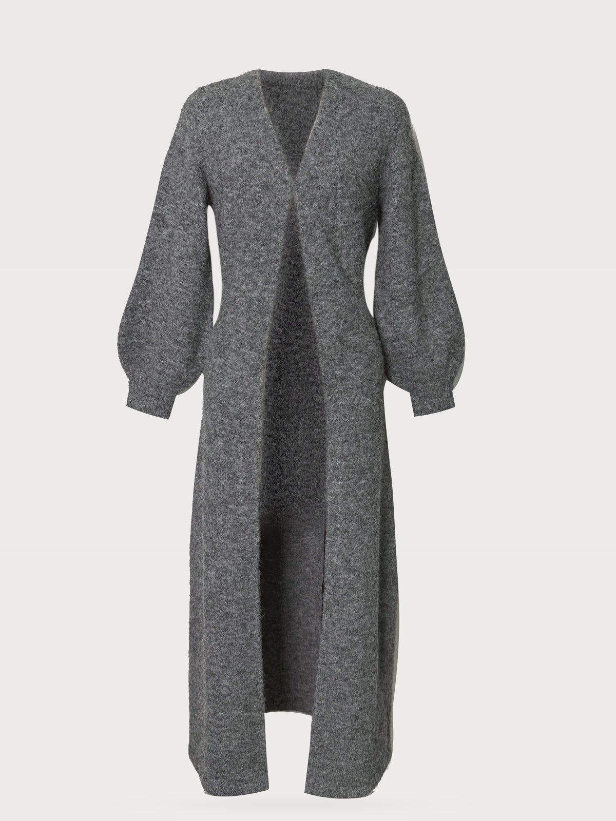 Kate dark grey melange knit cardigan, front ghost mannequin view with balloon sleeves