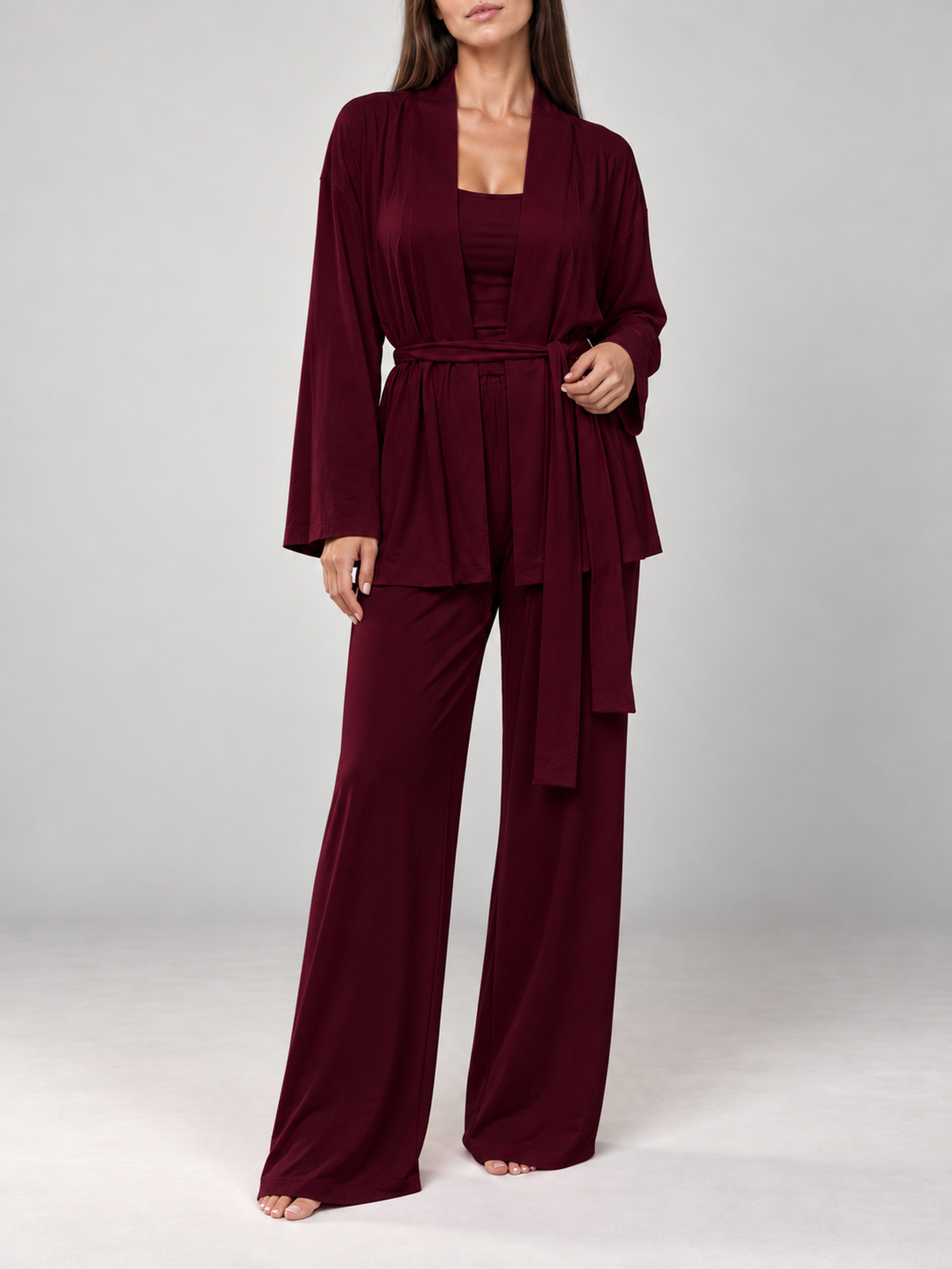 Burgundy Lounge Pyjama Set - Belted kimono front view