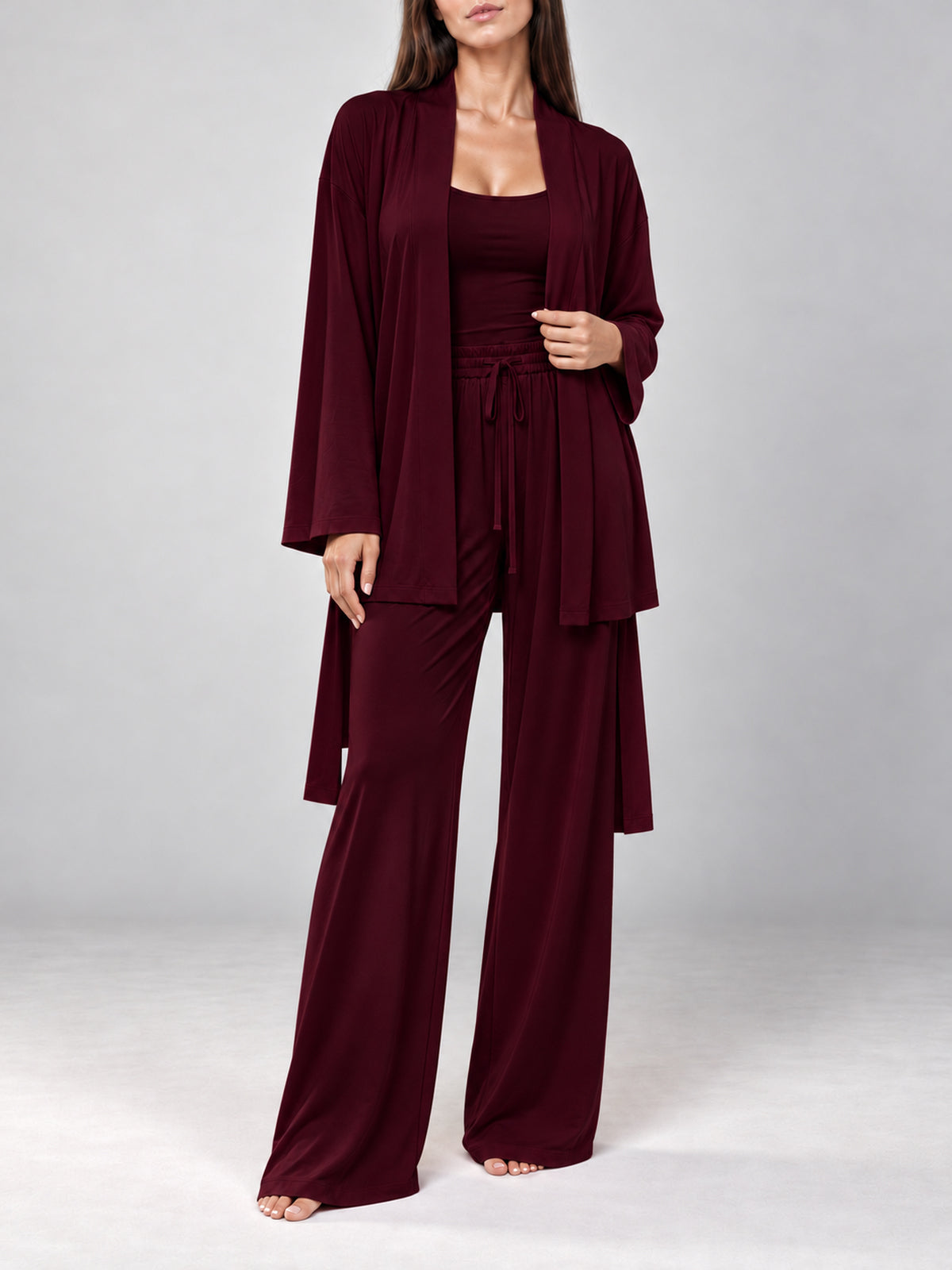 Burgundy Lounge Pyjama Set with open kimono, front view