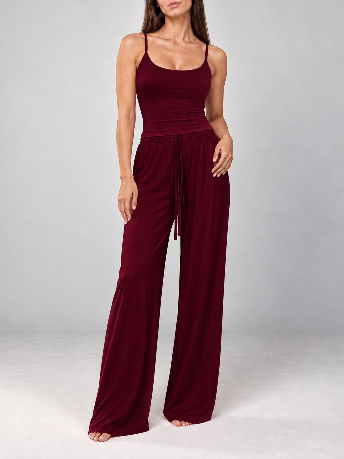 Burgundy Lounge Pyjama Set camisole and wide-leg trousers, front view