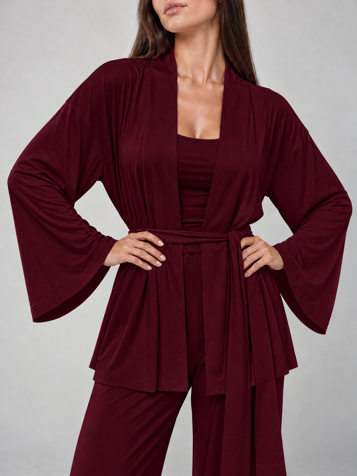 Burgundy Lounge Pyjama Set, close-up of flared kimono sleeves and waist tie