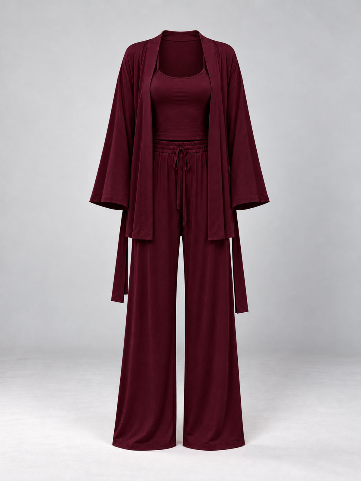 Burgundy Lounge Pyjama Set, front ghost view of kimono, camisole and trousers