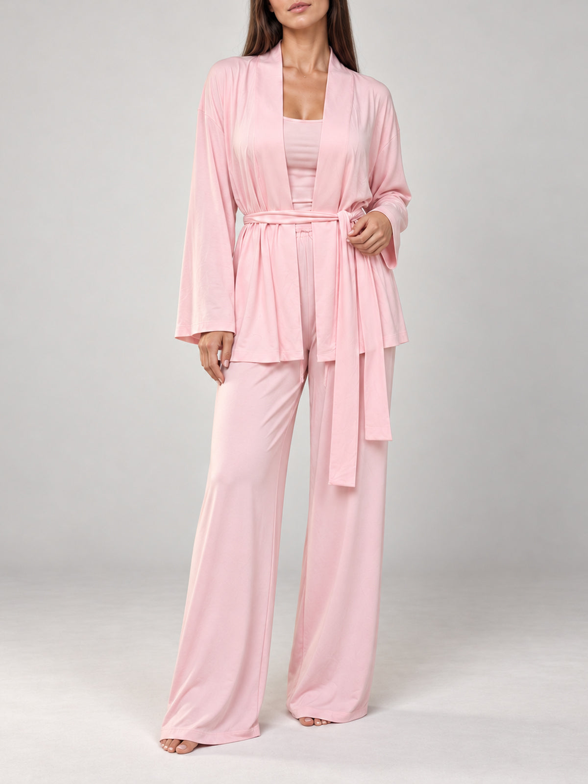 Light pink Lounge Pyjama Set with belted kimono, front view