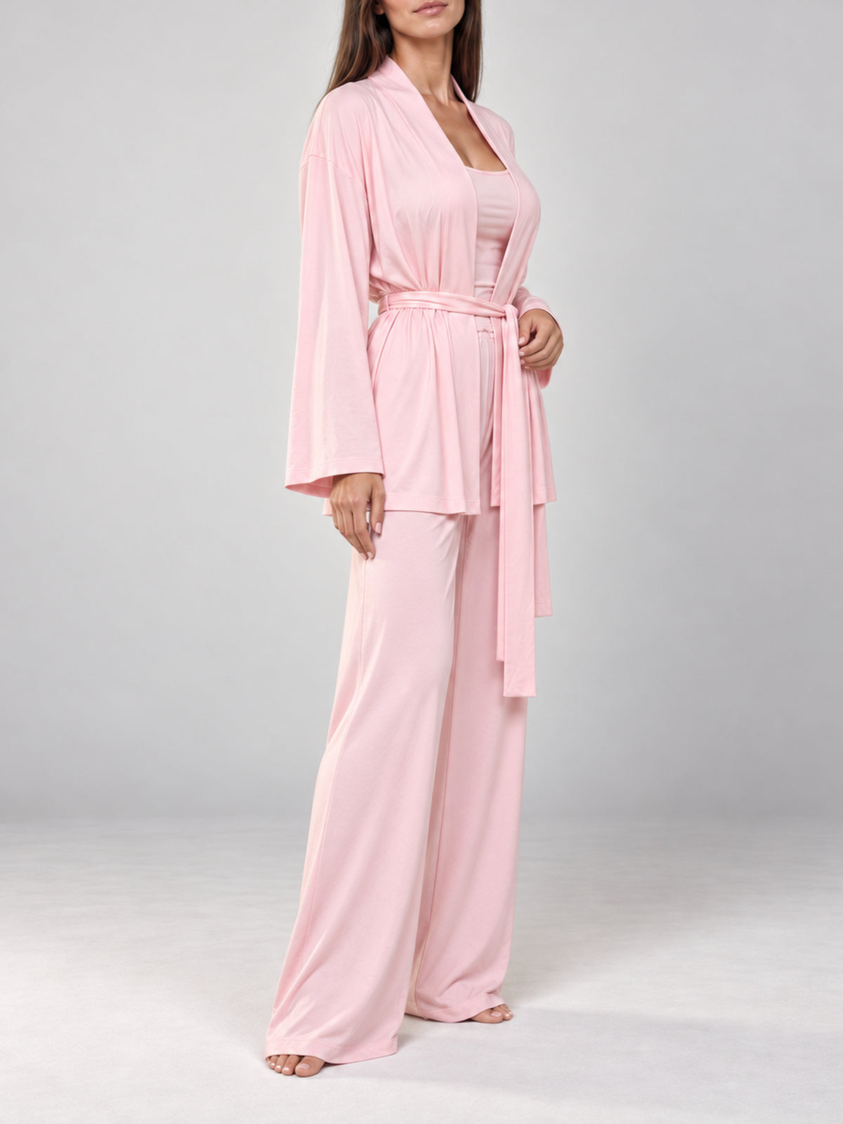 Light pink Lounge Pyjama Set with belted kimono, three-quarter view