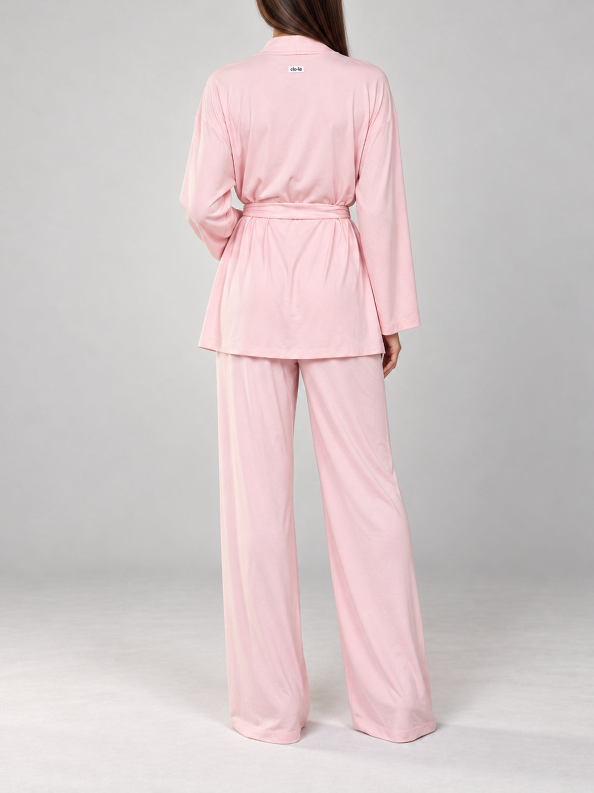 Light pink Lounge Pyjama Set with belted kimono, back view