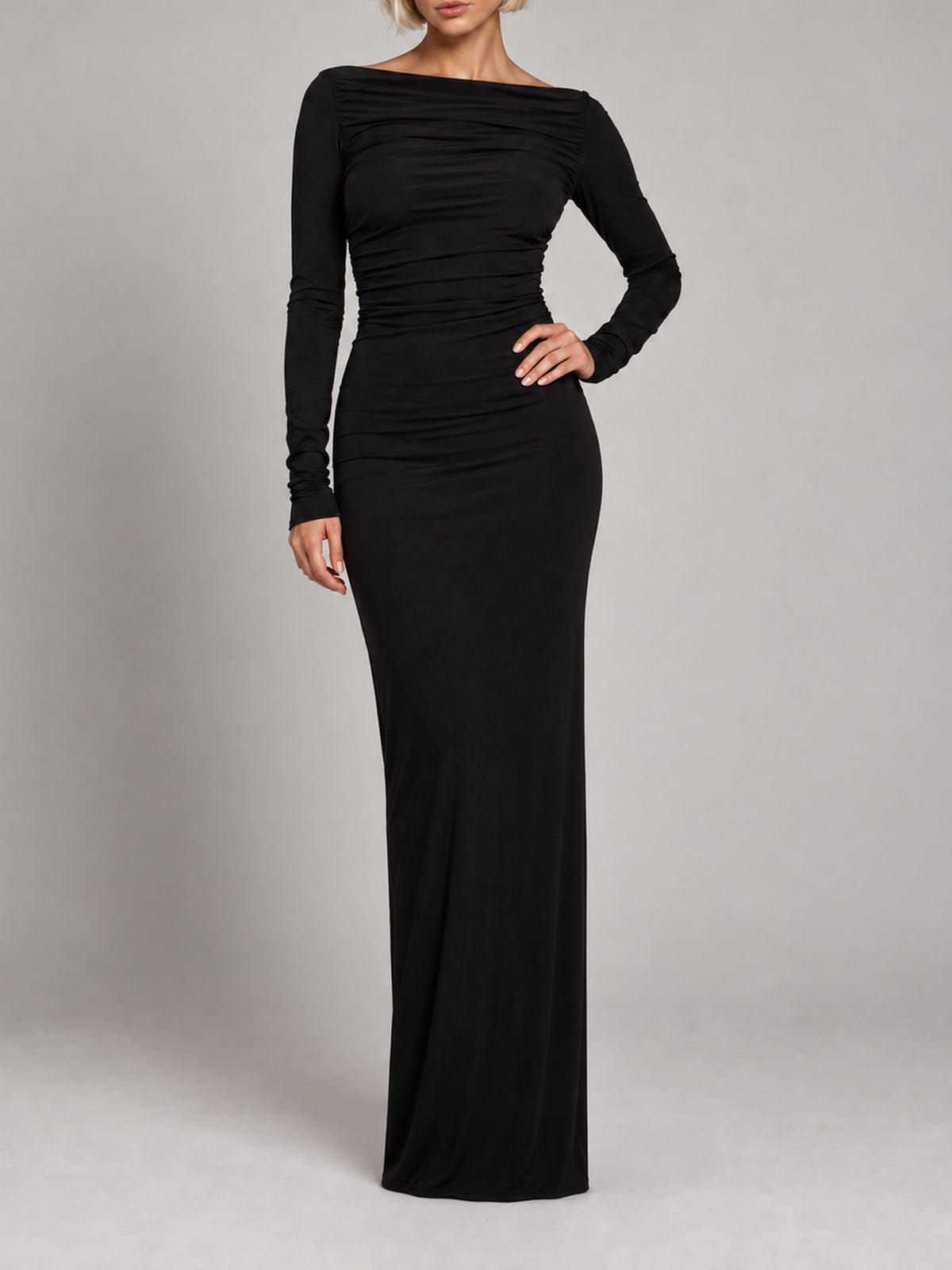 Shiv black long sleeve maxi dress, ruched front, studio front view