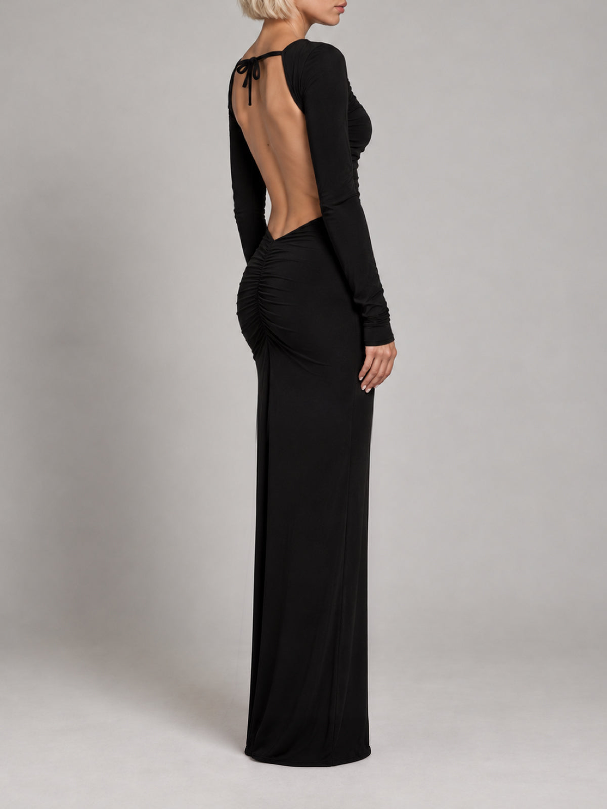 Shiv black maxi dress, side view with open back and tie strap