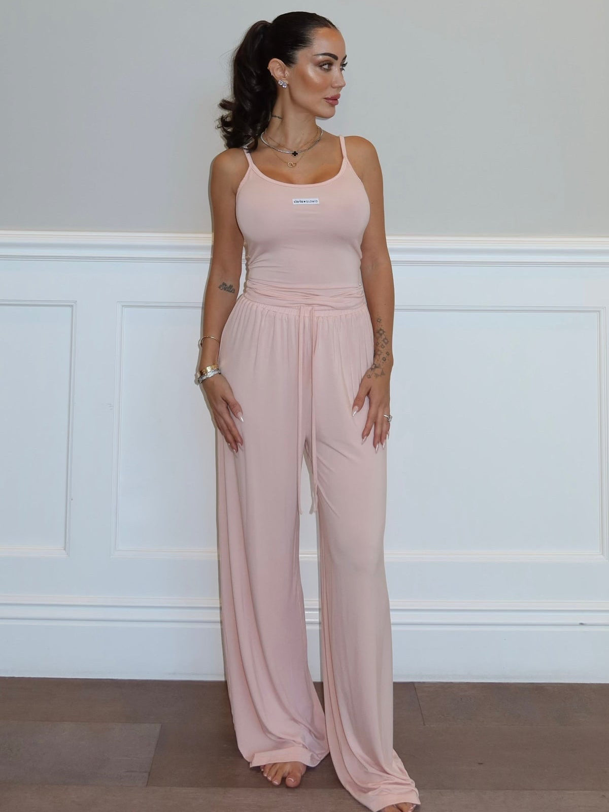 Soft pink lounge pyjama top from clo-la x GLOWiD with slightly translucent fabric