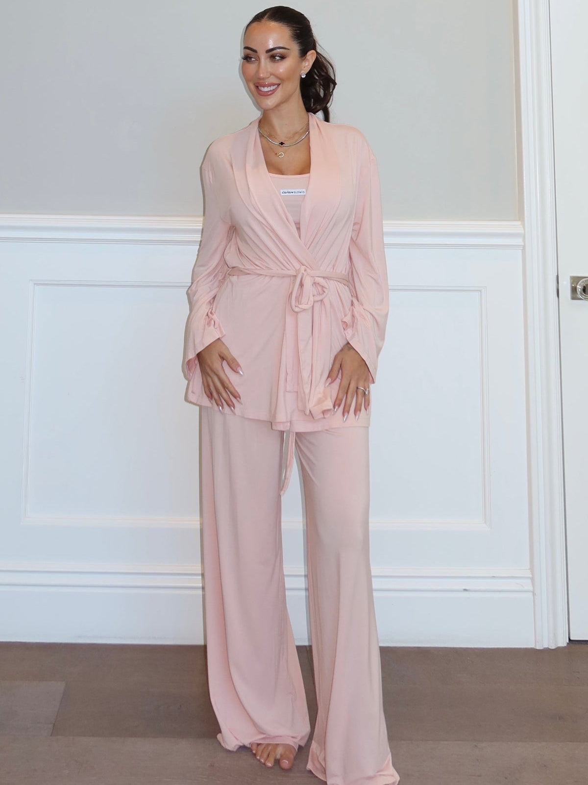 Pink lounge pyjama pants and wrap kimono from clo-la x GLOWiD collaboration