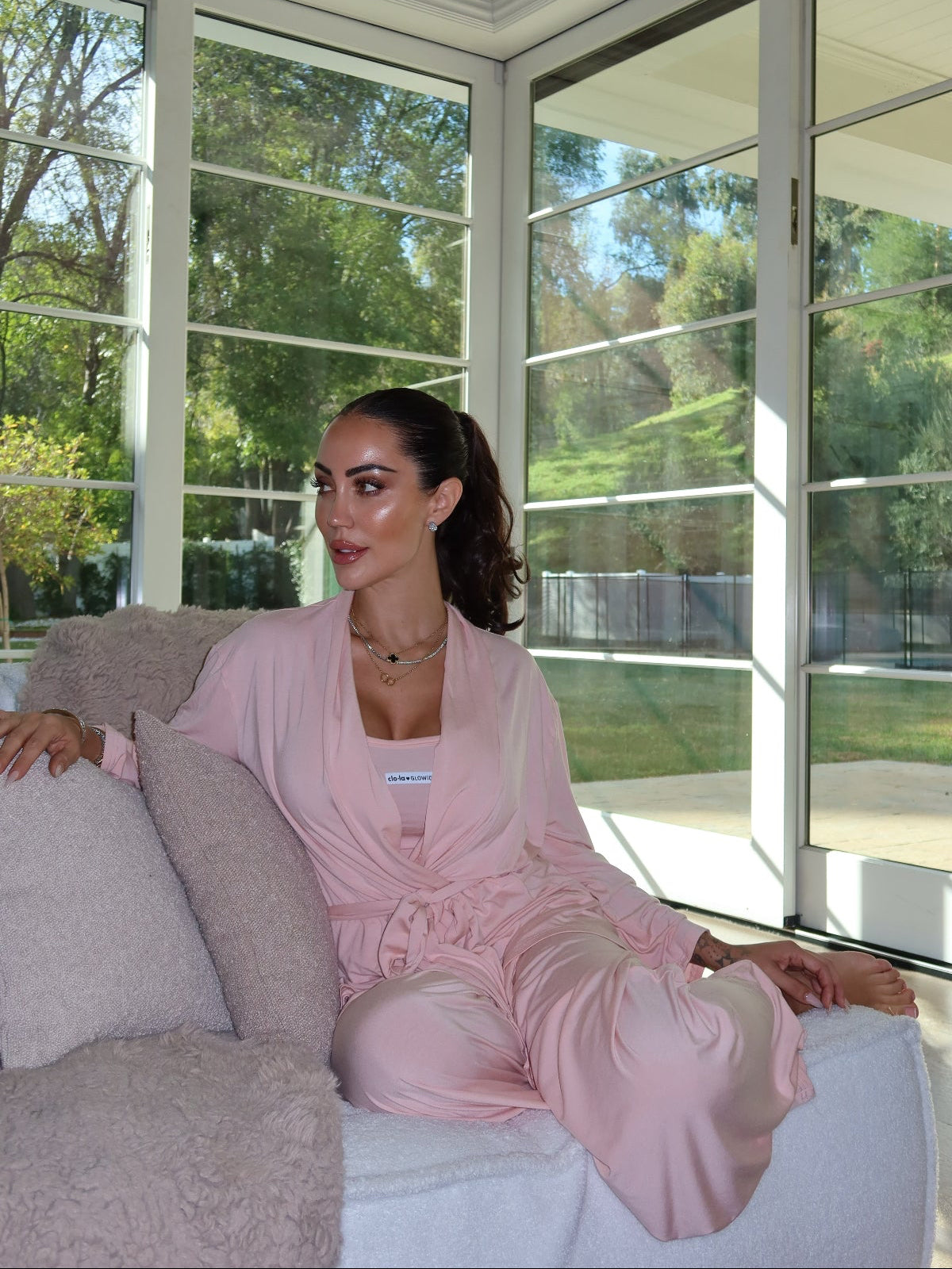 Light pink lounge pyjama set by clo-la x GLOWiD with soft drape and feminine silhouette