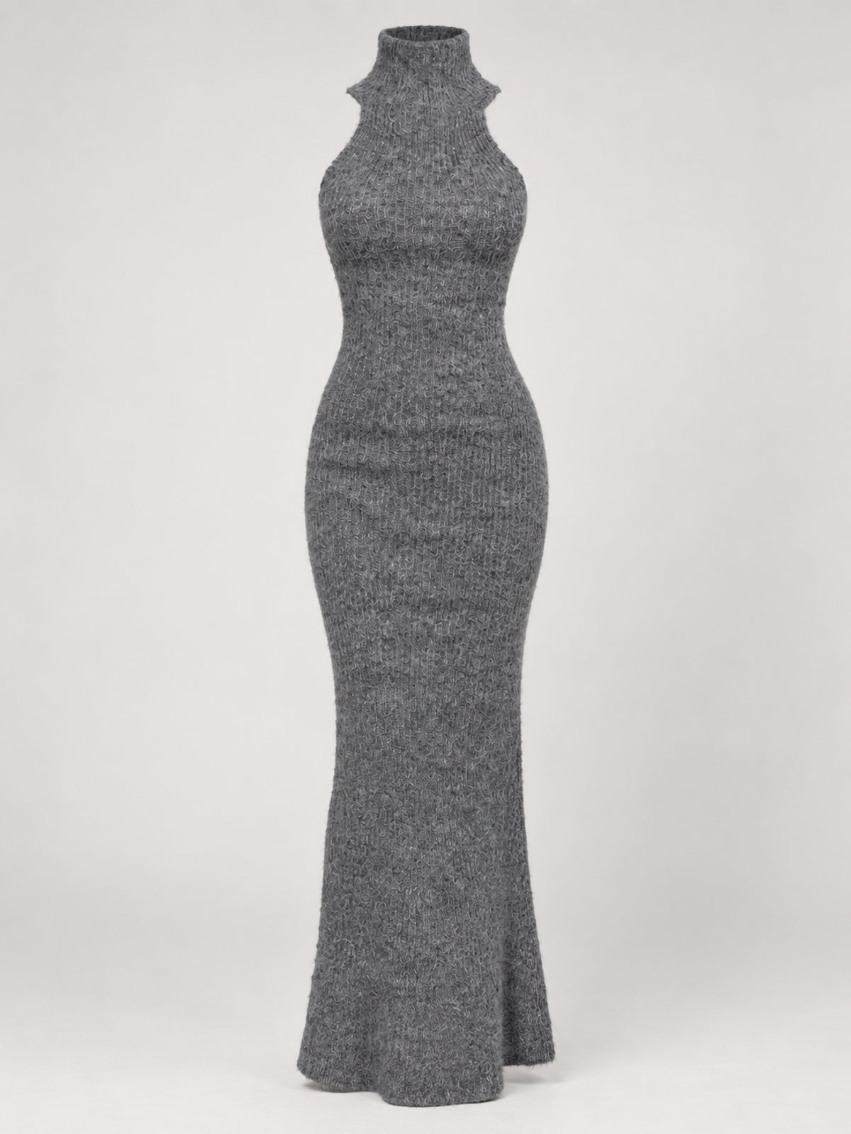 Belle dark grey knit maxi dress, ghost mannequin front view
