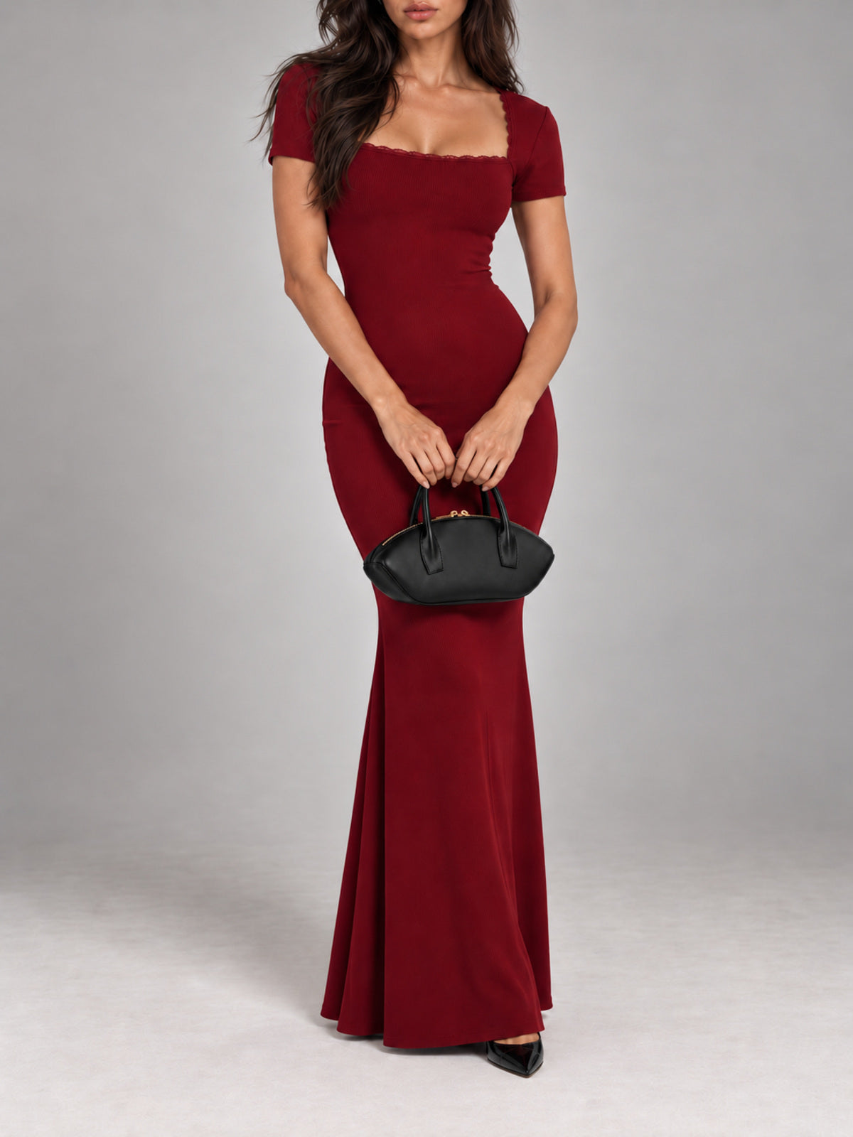 BREE burgundy dress styled with evening accessories
