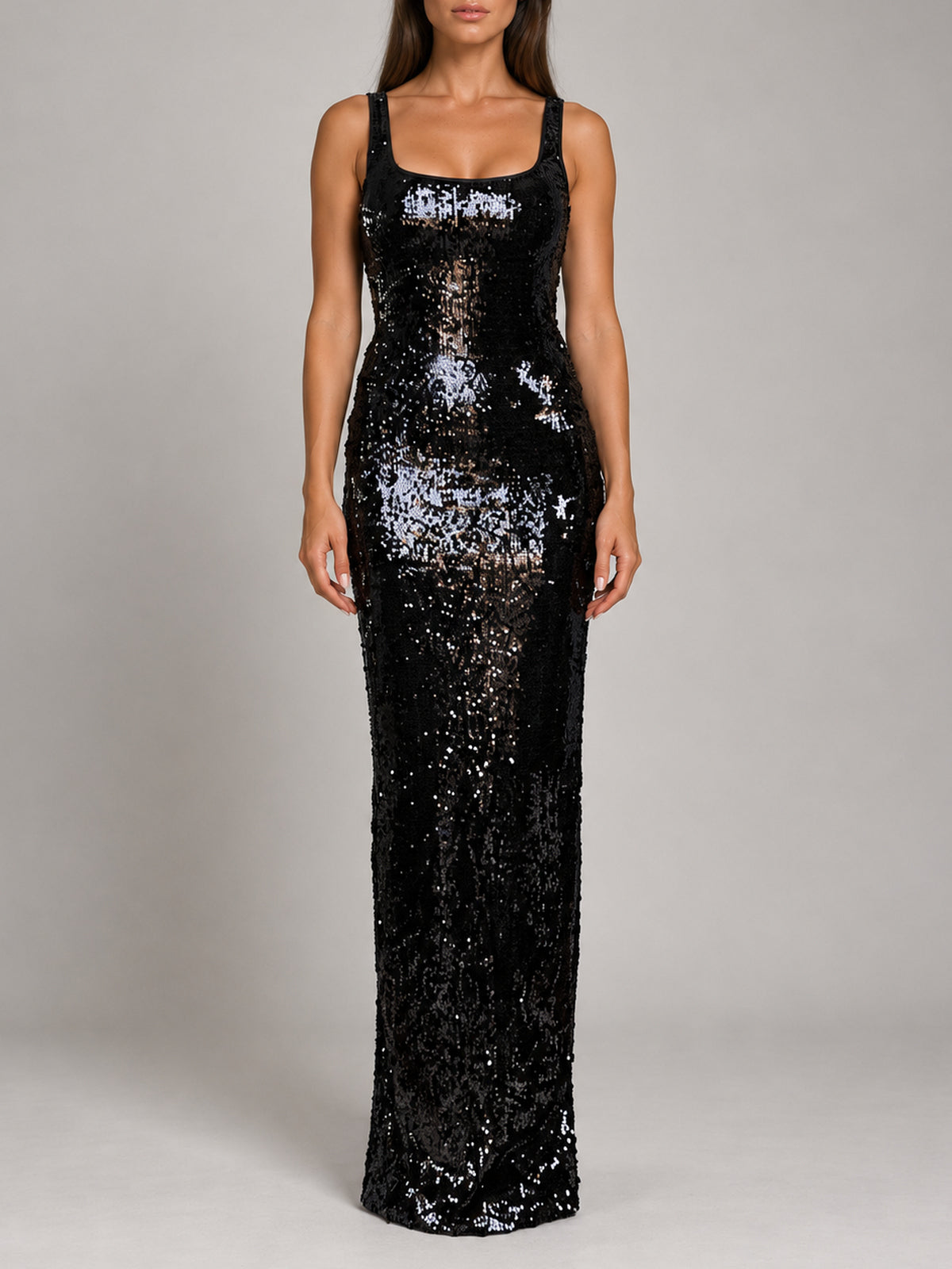 Cara Sequin black sequin maxi dress, front view