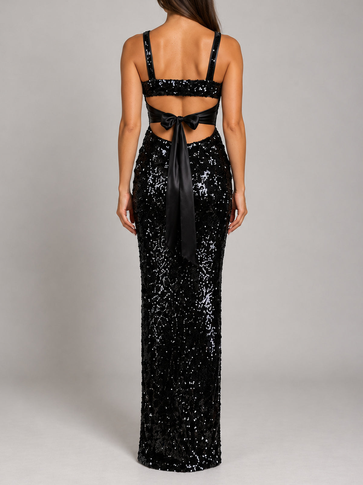 Cara Sequin black sequin maxi dress, back view with satin tie