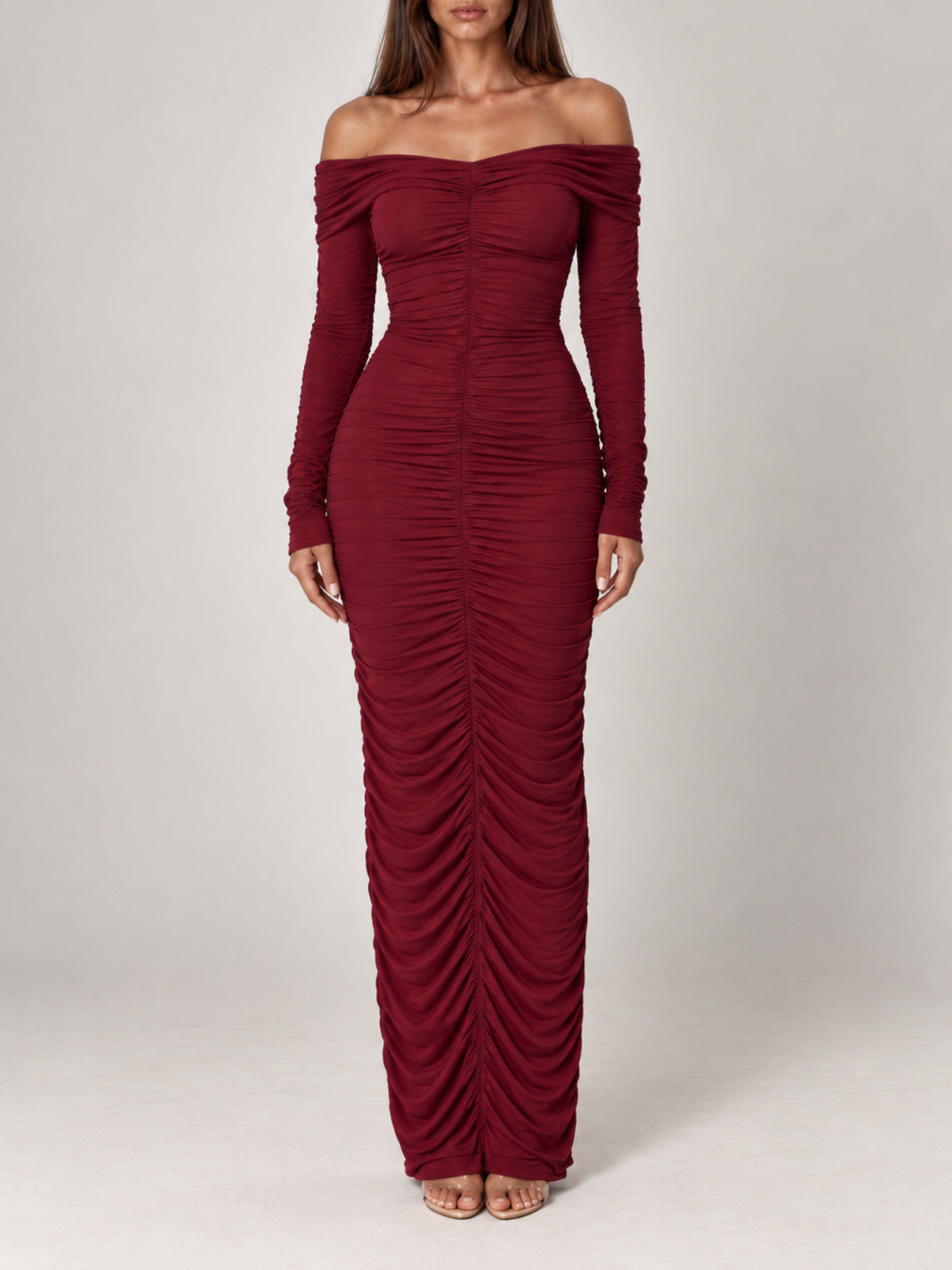 CHRISTA burgundy off-shoulder ruched maxi dress, front view.
