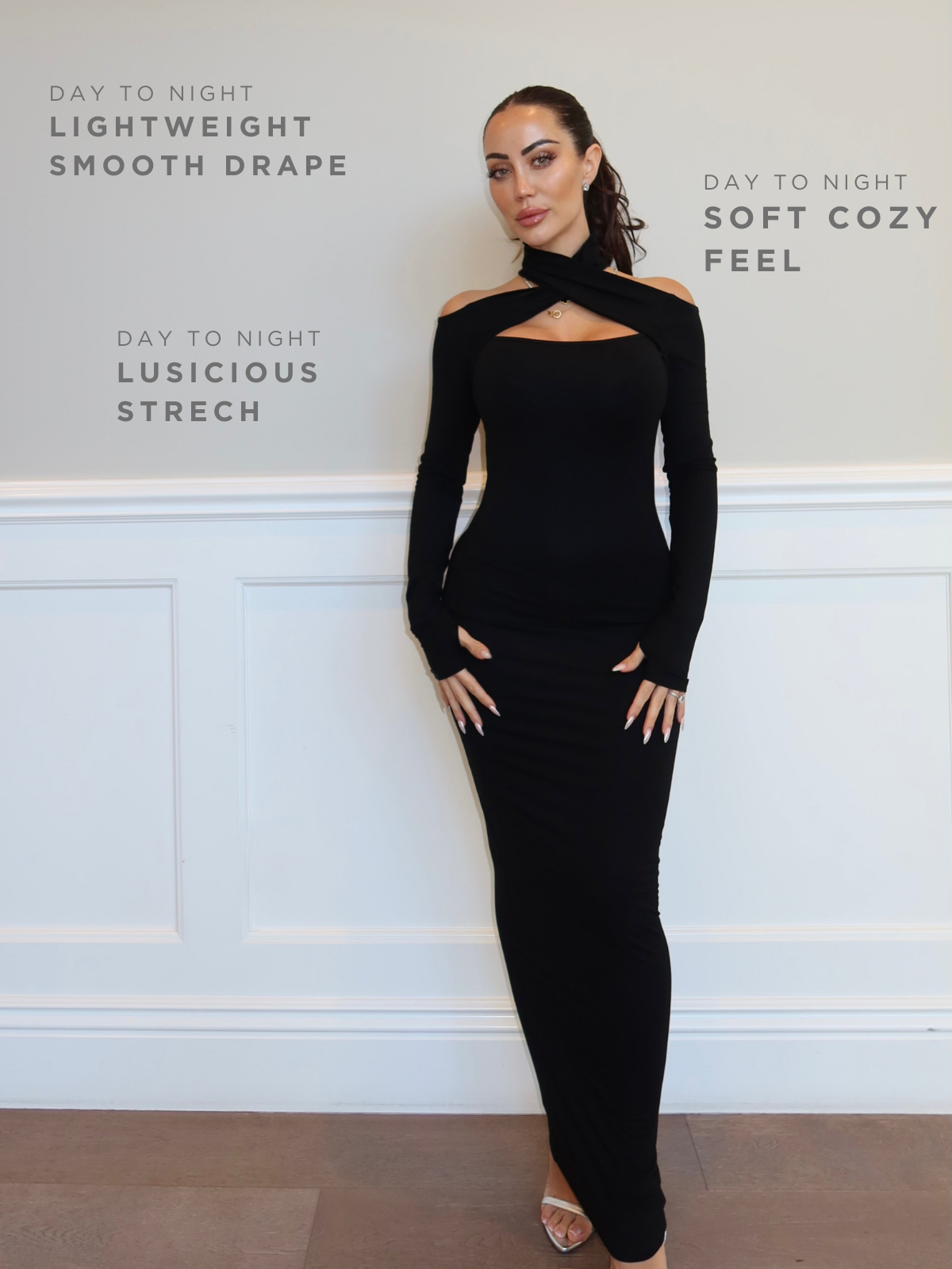 Black bodycon maxi dress with long sleeves and cut out detail full length front view