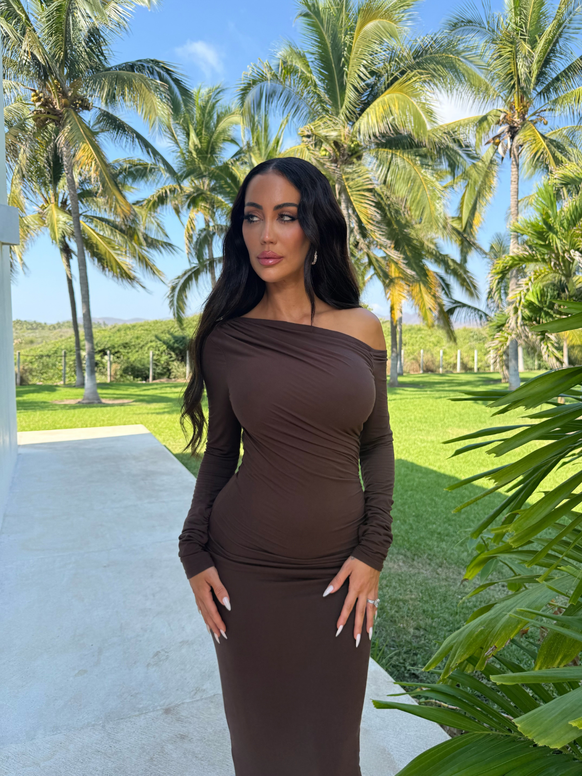 Cacao brown one shoulder maxi dress with ruched bodycon fit outdoor portrait view