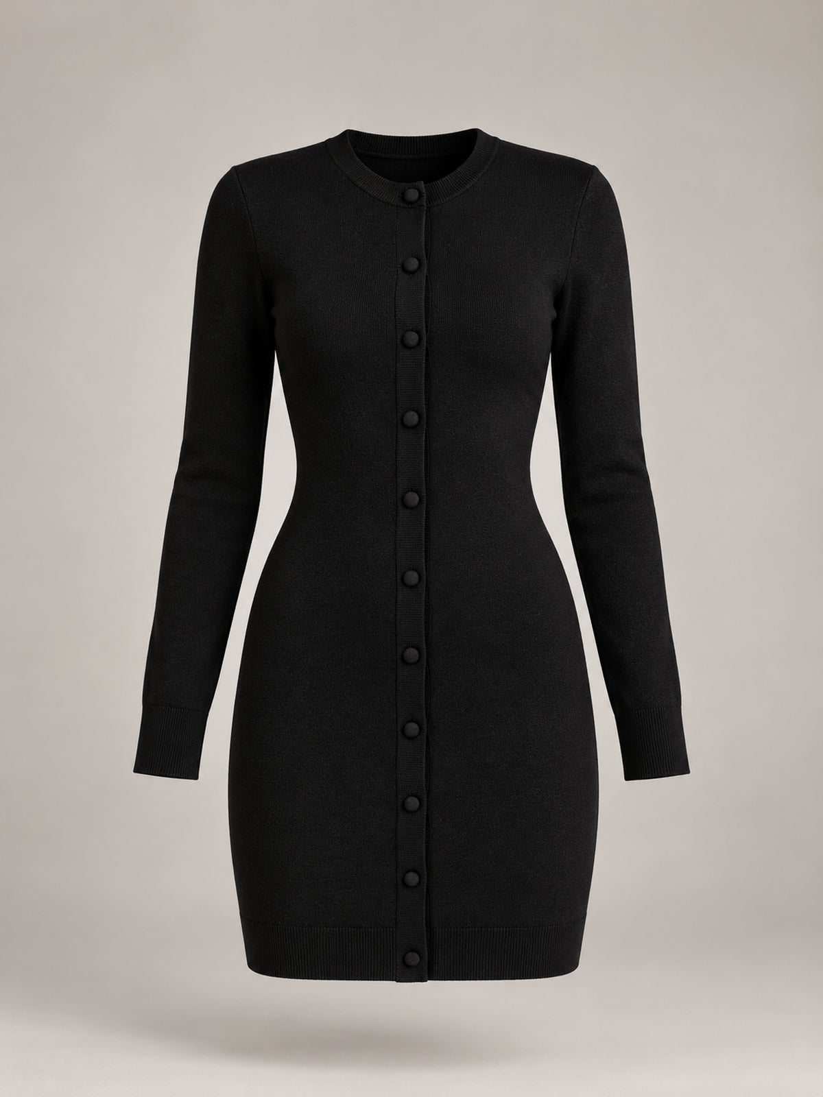 HAILEY black fine-knit dress, front ghost mannequin view with round neckline, long sleeves and fabric-covered buttons.